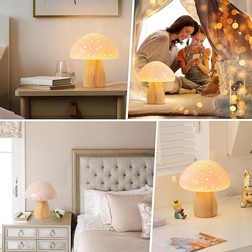 Miniatura 7 de BOHON Lámpara de seta, lámpara de mesa de cerámica para mesita de noche del dormitorio, luz de noche vintage y linda, lámpara pequeña para sala de