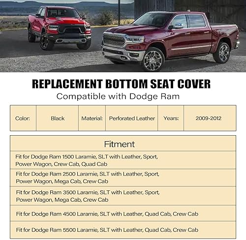 Miniatura 2 de Funda de asiento de piel de repuesto perforada para Dodge Ram 2500 3500 4500 5500 Laramie 2009 2010 2011 2012 2013 2014 2015 2016 2017 2018