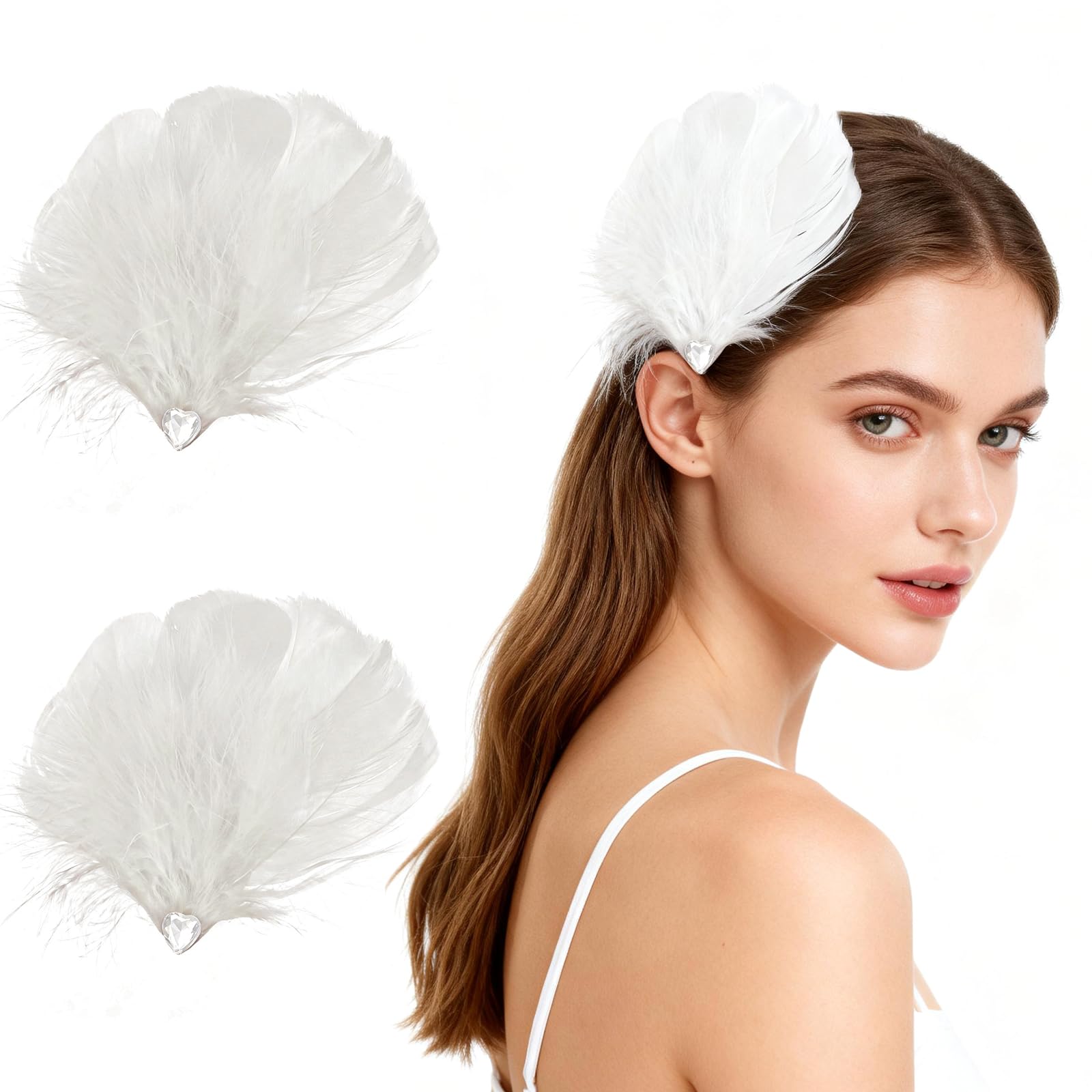 MWOOT 2 Stück weiße Feder Haarspangen, weiße Schwanenfeder Kopfbedeckung, Ballett Haaraccessoires für Frauen, Herz Strass Spangen für Hochzeit, Verlobung, Halloween, Karneval, Kostüm Cosplay Party