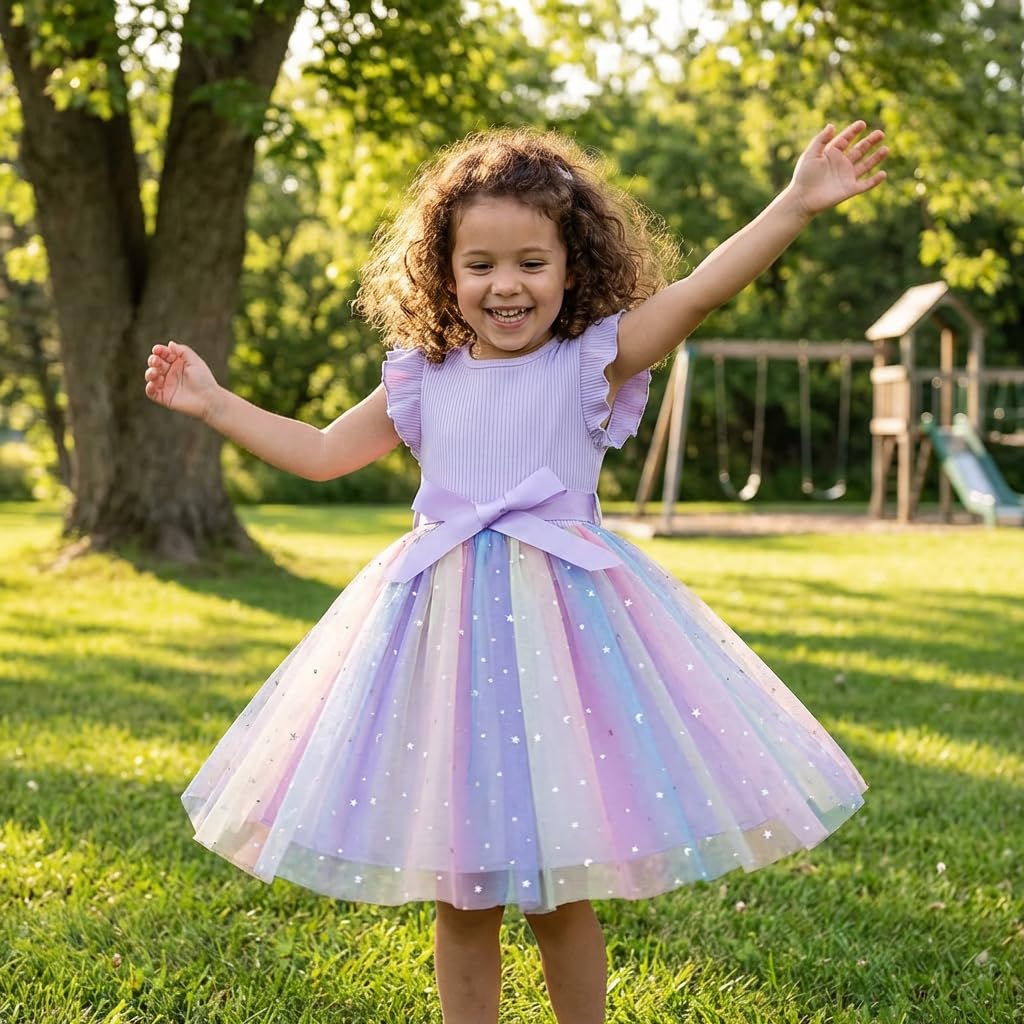 JiAmy Robes en Tulle côtelé pour Filles - Robe de Printemps à Paillettes - Manches Volantes - Arc-en-Ciel - pour Enfants de 1 à 6 Ans