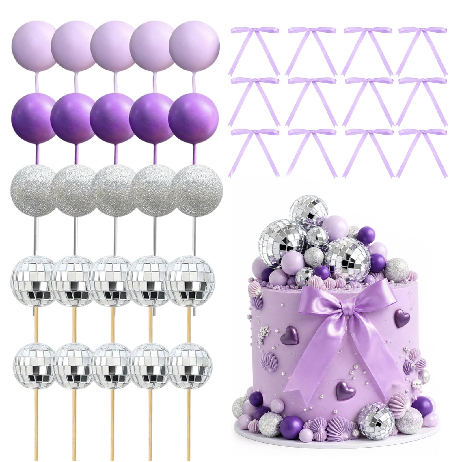 37PCS Disco Ball Cake Decorations, Purple Cake Balls Topper Set