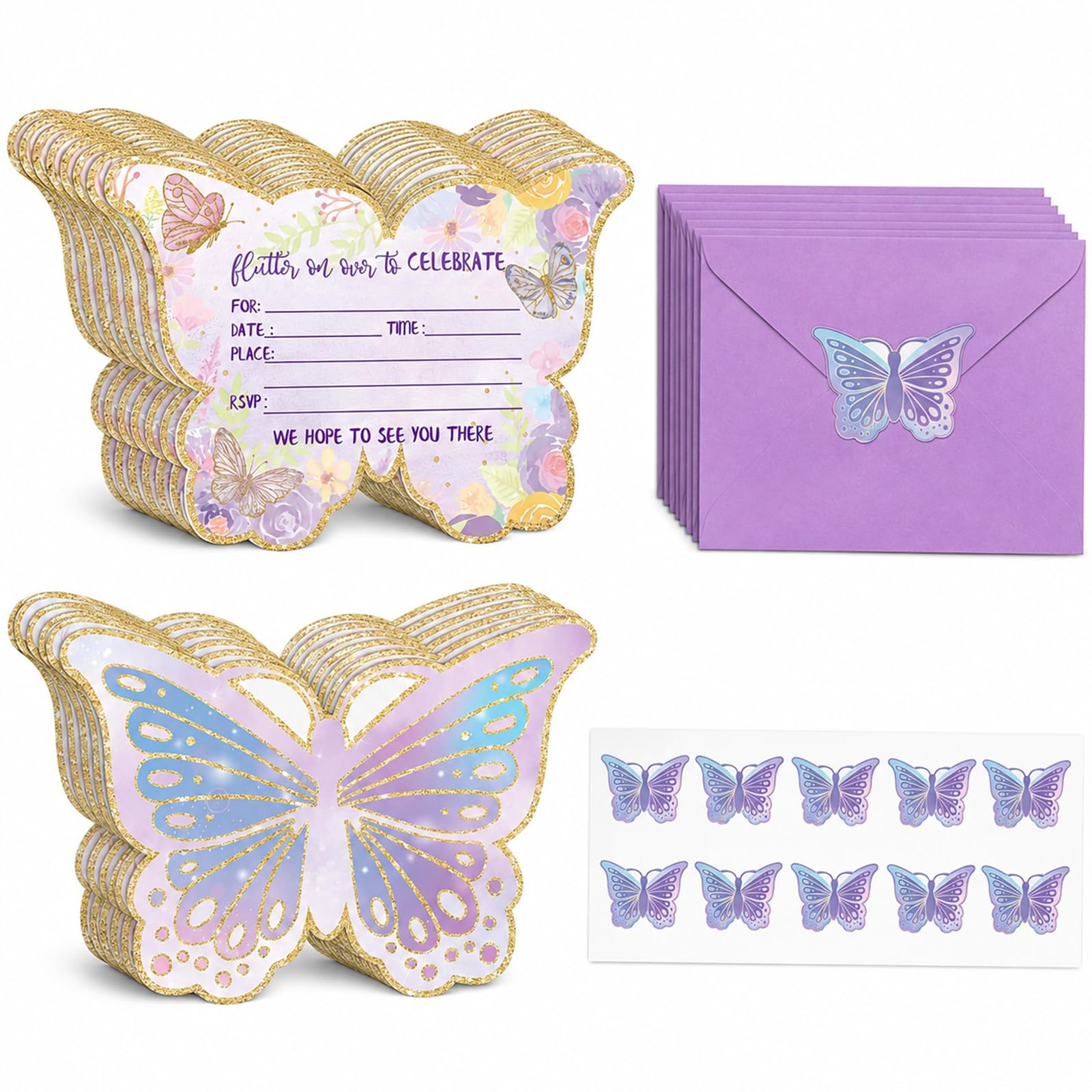 10 Pcs Butterfly Birthday Invitations for Girls, Floral Invite Cards with Envelopes & Stickers, Sturdy Thick Paper Party Supplies