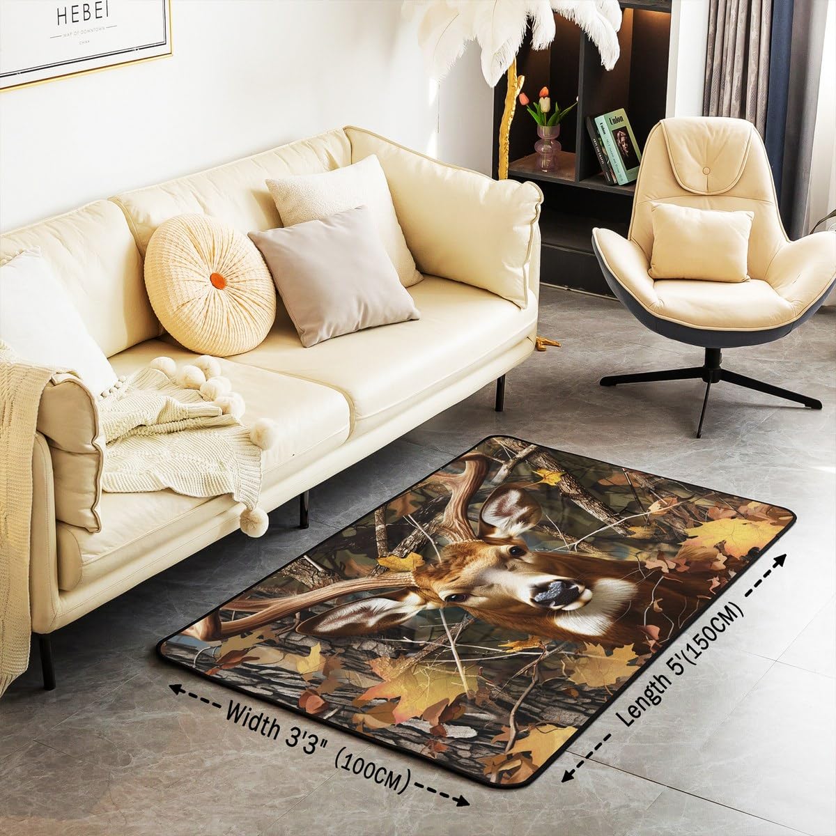Erosebridal Kids Deer Area Rug 3x5 Boys Hunting Animal Antlers Accent Rug Set Bedroom Decor Girls Oil Painting Deer Carpet Woodland Trees Leaves Indoor Floor Mat Non Shedding