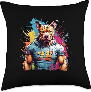 Muscular Bodybuilder Pitbull Dog with Paint Splatters Throw Pillow