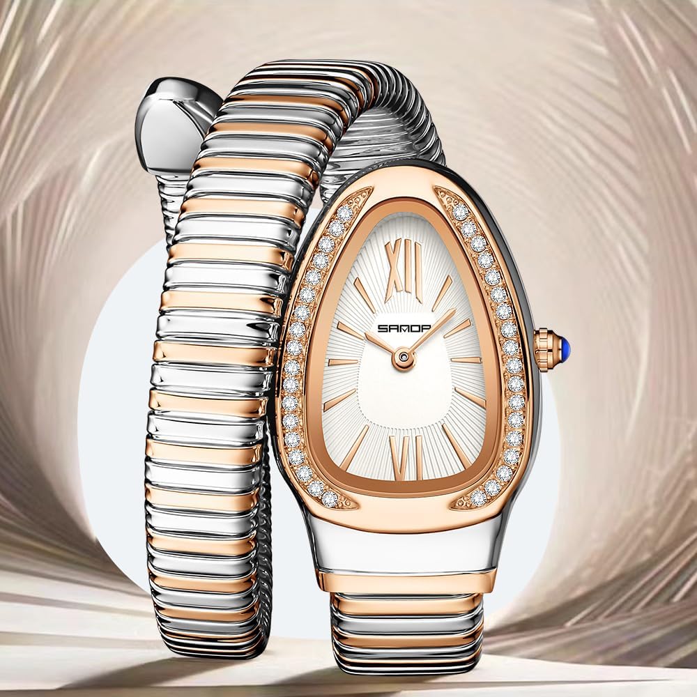 Gosasa Stylish Women's Snake Shape Bangle Watch Unique Design Snake Coil Elegant Dress Diamond Bracelet Ladies Quartz Wristwatch with Roman Numerals Dial