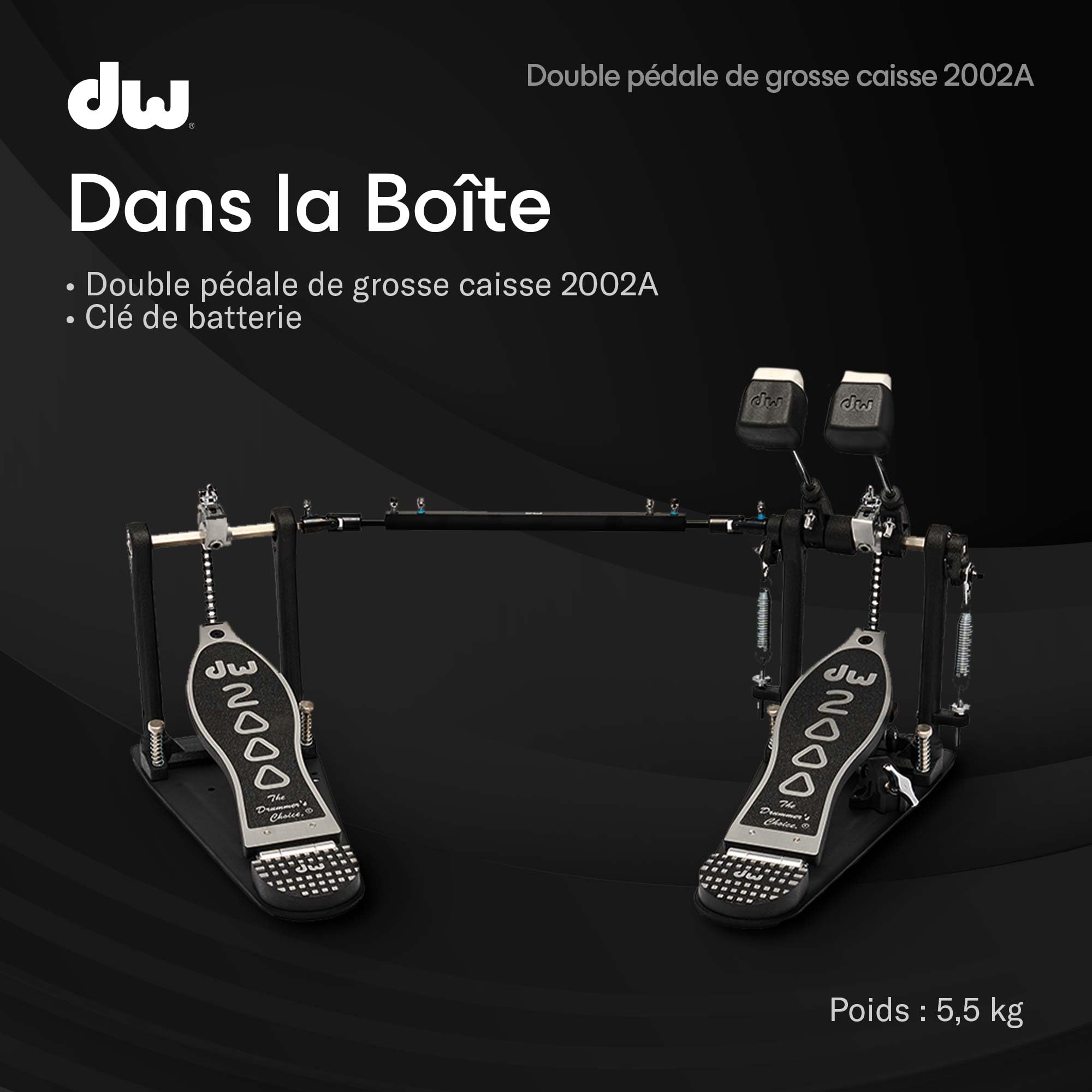 DW 2002A | Double pédale de grosse caisse série 2000 | Idéale pour les batteurs de tout niveau | Cadre métallique robuste avec came Accelerator à simple chaîne | Batte à deux faces | Antidérapante