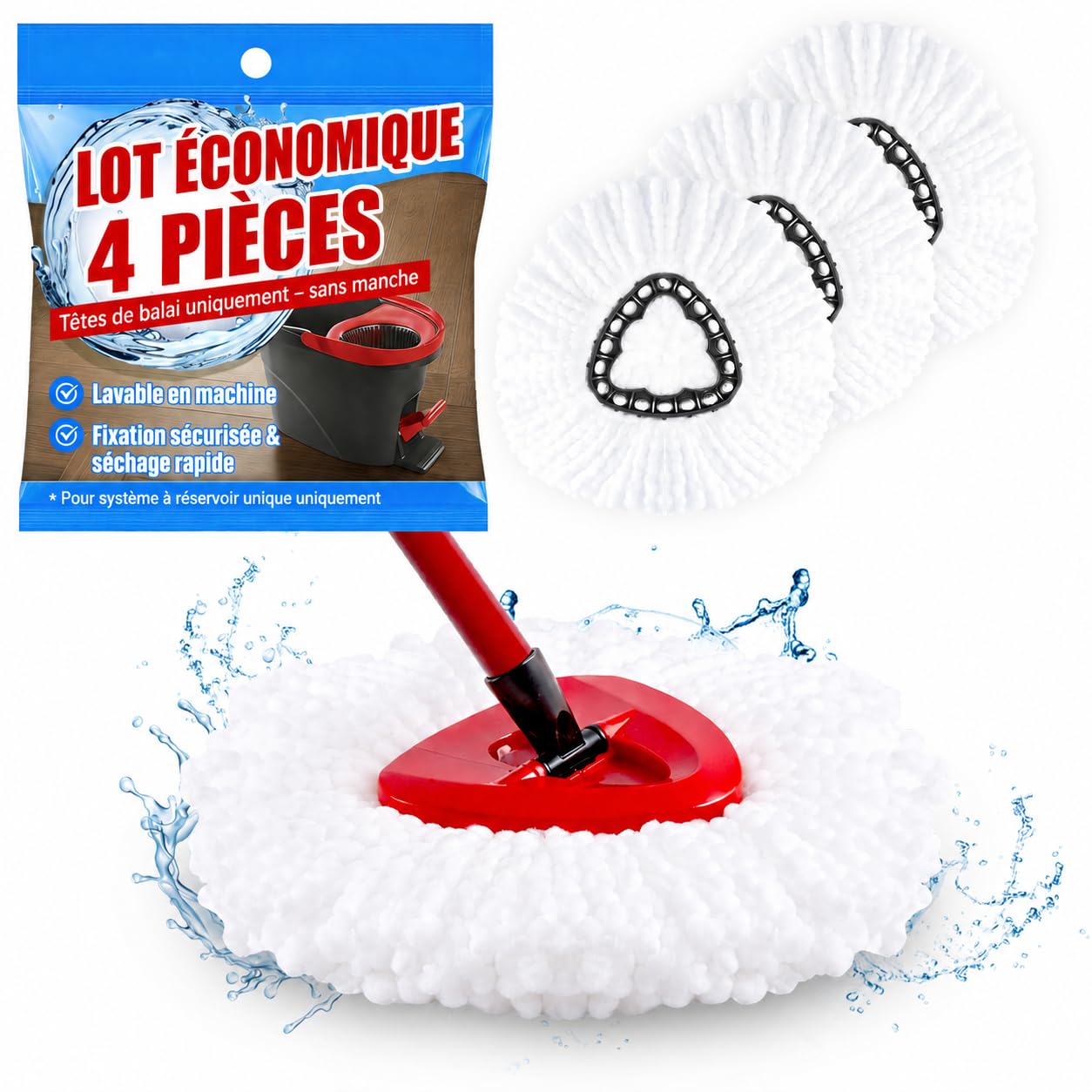 Recharge Serpillière Microfibre Lot de 4 – Compatible avec Vileda Turbo EasyWring & Clean, Têtes de Balai Haute Densité, Lavables et Réutilisables, Nettoyage Efficace Tous Types de Sols