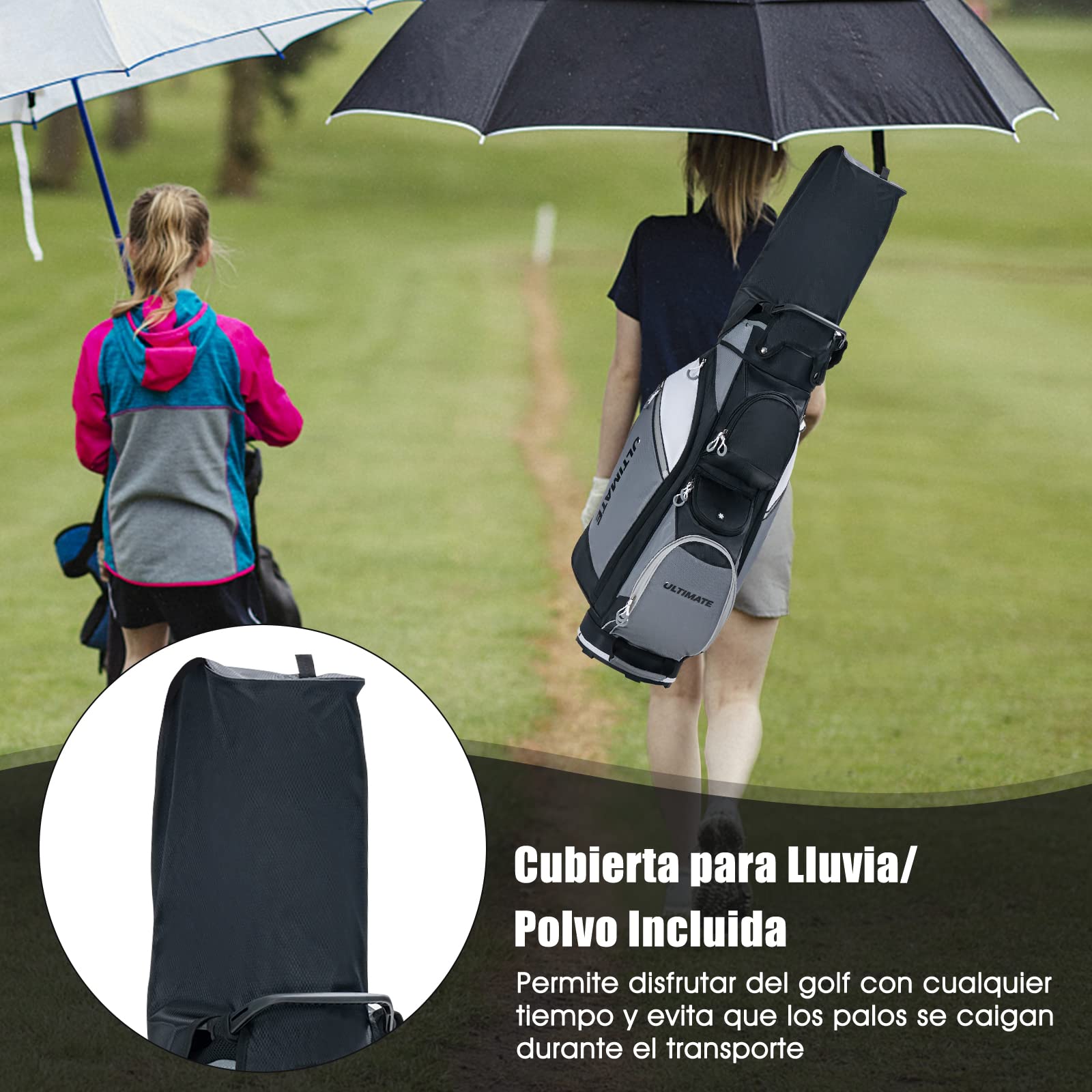 COSTWAY Bolsa Golf con 14 Palos, Bolsa Palos Golf Portátil y Ligera de 2kg, Impermeable, 11 Bolsillos con Cremallera, Capucha para la Lluvia, Cart Bag Unisex Adulto