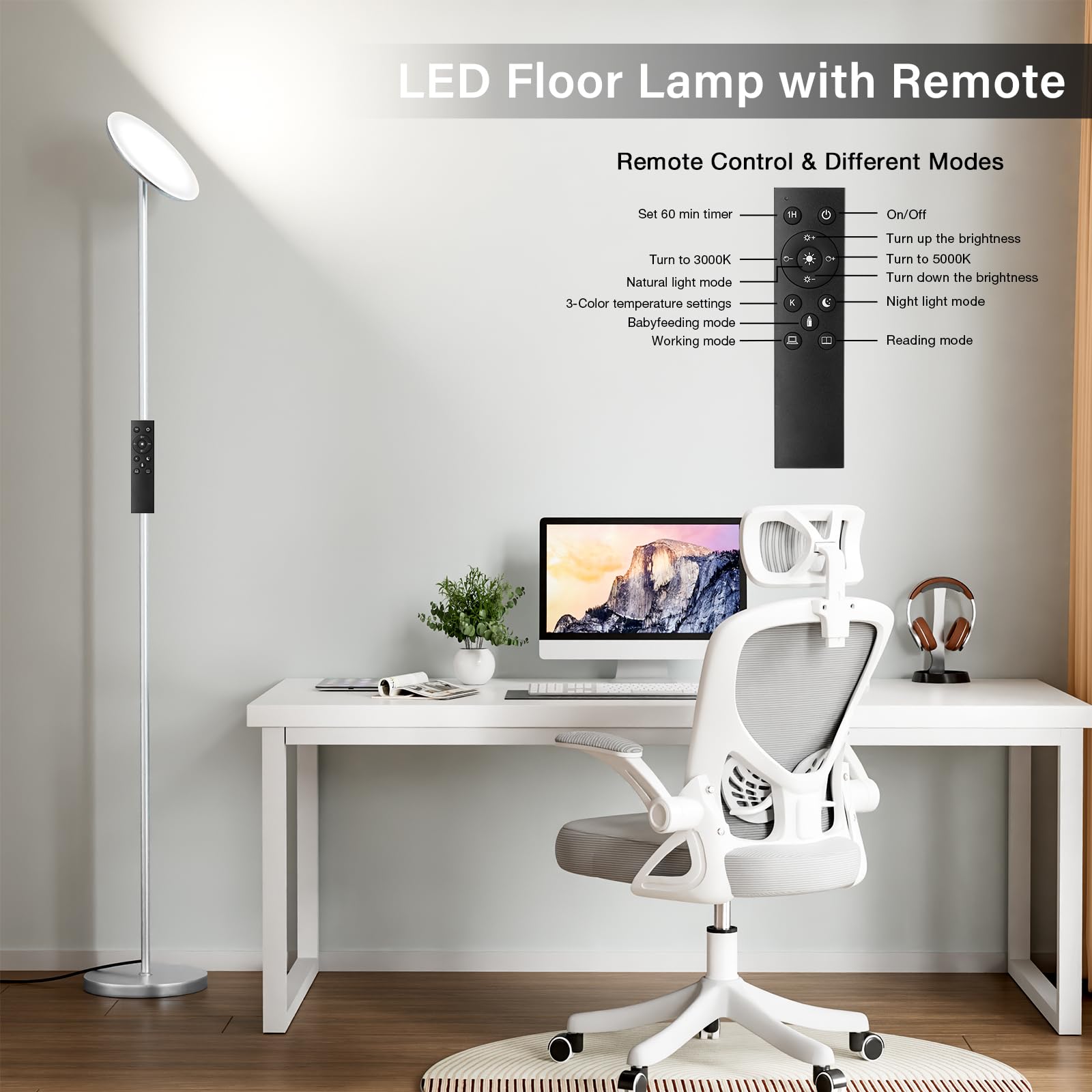 Stehlampe Wohnzimmer LED, 36W, Moderne Stehleuchte mit Fernbedienung & Touch-Steuerung, 3 Farbtemperaturen, Stufenlos Dimmbar, Leselampe Stehlampe für Wohnzimmer Schlafzimmer Büro(Silbergrau)