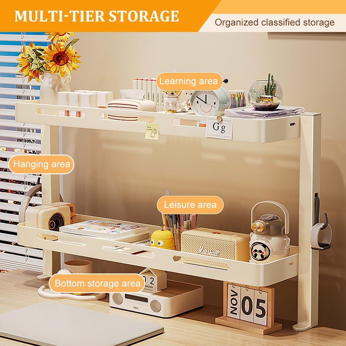 Klemmbares Schreibtischregal Organizer, 2-stufiges Büro Desktop Bücherregal, Metall Aufsatzregal Platzsparend, Ablageregal für Zuhause, Wohnheim und Bürobedarf(White,L46cm/18in)