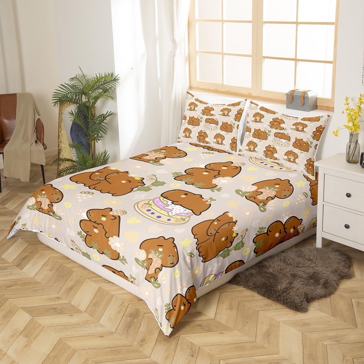 Homewish Cute Capybara Duvet Cover King, Strawberries Bedding Set, Kawaii Animal Cartoon Cake Comforter Cover - Image 2