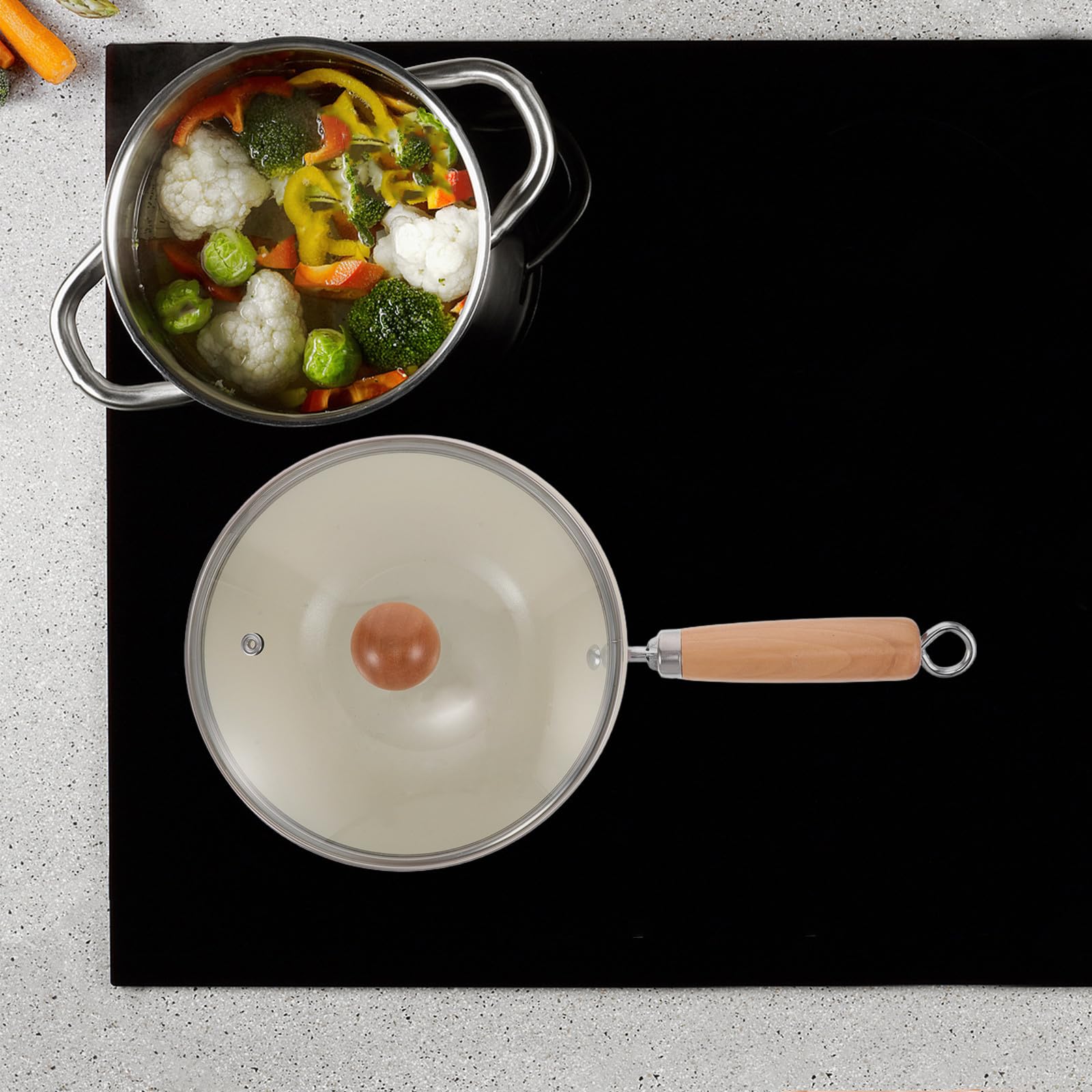 Mobestech Sartén de Hierro Antiadherente con Mango de Madera y Tapa de Vidrio para Cocina de Inducción, Resistente al Desgaste y Superficie Antiadherente