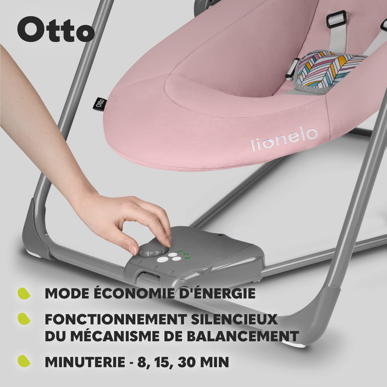LIONELO Otto transat Bebe balancelle Bebe jusqu'à 9 kg, Jouets interactifs, Sons de la Nature, 5 Vitesses de bercement, Coussin pour la tête, Fonctionnement Silencieux