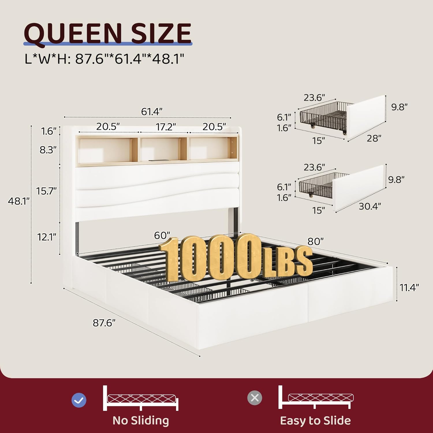 BRELTAM Queen Size Bed Frame with 6 Storage Drawers, Linen Upholstered Platform Bed with Charging Station,2-Tier Wave-Shaped Headboard Design,No Box Spring Needed,Easy Assembly,White