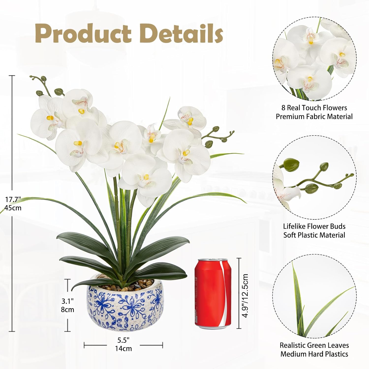 Oairse White Orchids Artificial Flowers in Pot 17.7" Faux Orchids Plant in Blue and White Pot Real Touch Fake Phalaenopsis Flower Arrangement Dinner Table Centerpiece for Dining Room Bathroom Decor - Image 2