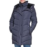Women's Winter Puffer Coat – Cozy Faux Sherpa Lined Hood with Inset Bib, Long Quilted Jacket, Navy, XL