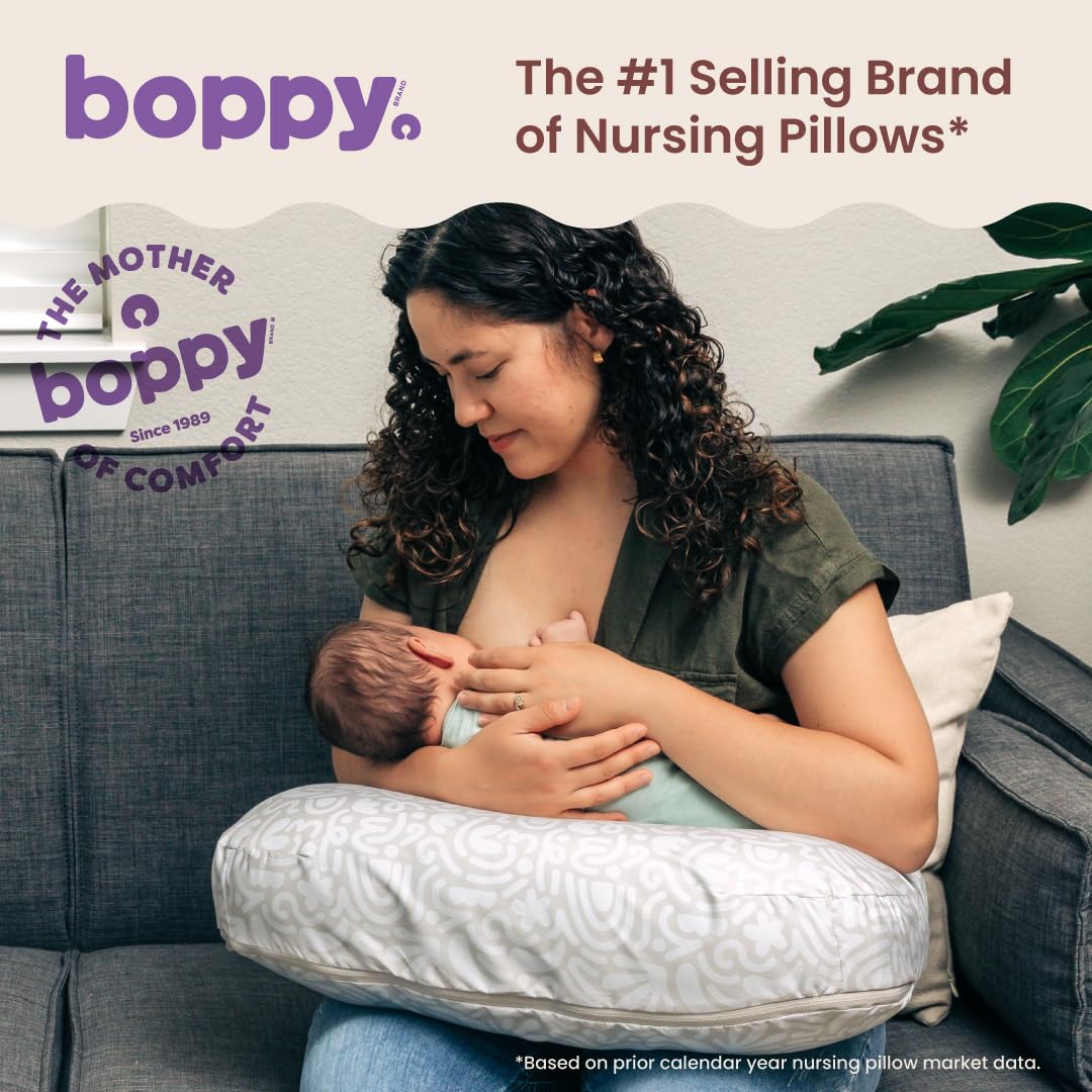 Boppy Nowa poduszka do karmienia - kremowa retro Squiggles - większa, bardziej wspierająca poduszka do karmienia piersią i karmienia butelką - mocniejsze wypełnienie, wyższe podnoszenie, większy