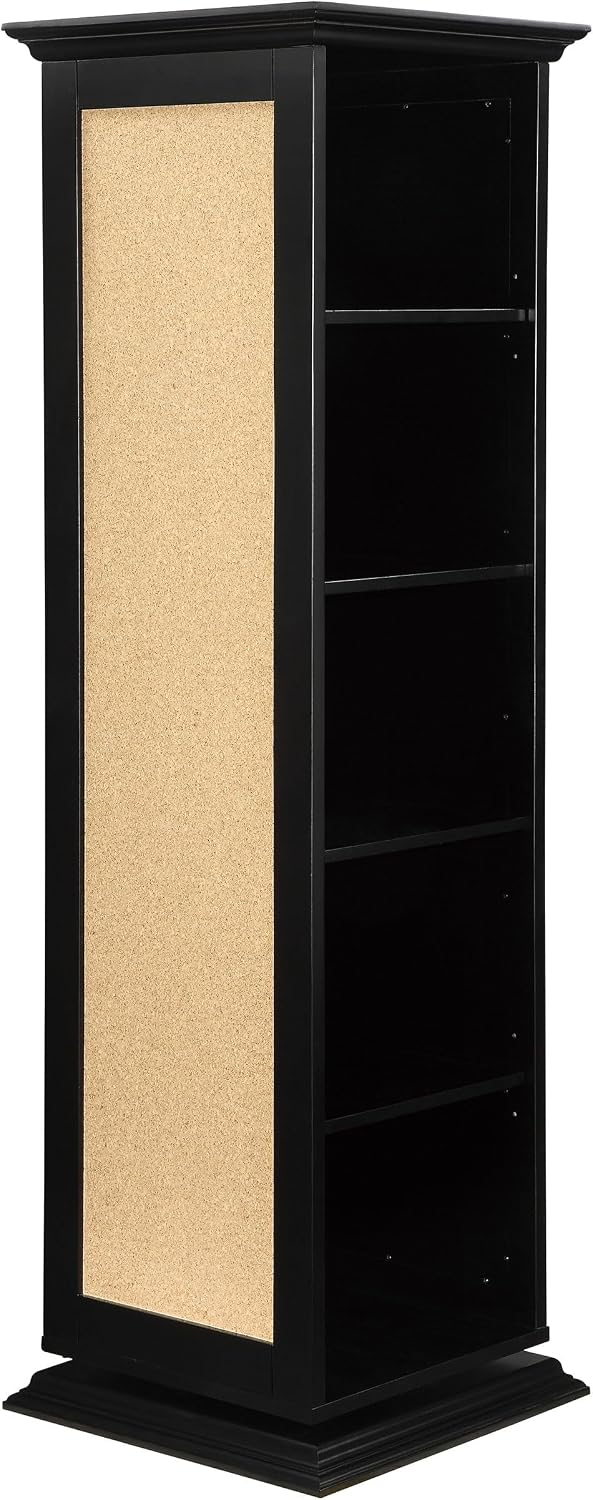 BOWERY HILL 5 Shelf Swivel Bookcase, Black Finish, Birch MDF Particle Board, 68" H x 20" W x 20" D, Vertical Storage Cabinet with Mirror, Hooks, Cork Board, Casual Style for Home or Office