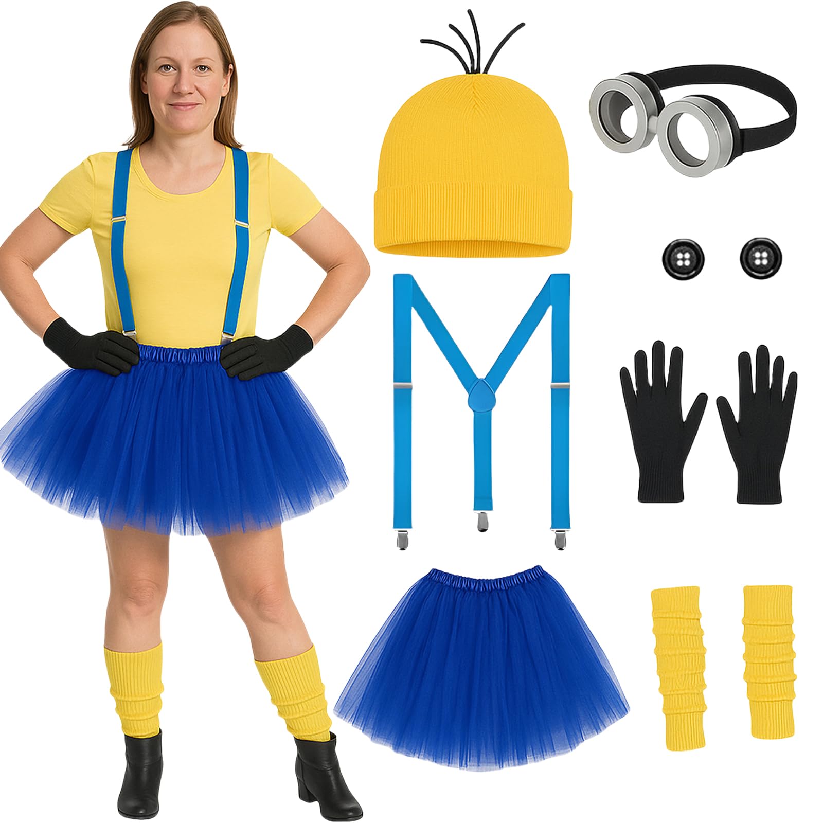 EWRGIJ Costume Accessory, Halloween Decorations, 7 Pcs Yellow Costumes Includes Hat Glasses Gloves Skirt Legs Suspenders Buttons, for Cosplay Party Fancy Dress Costume Games Party