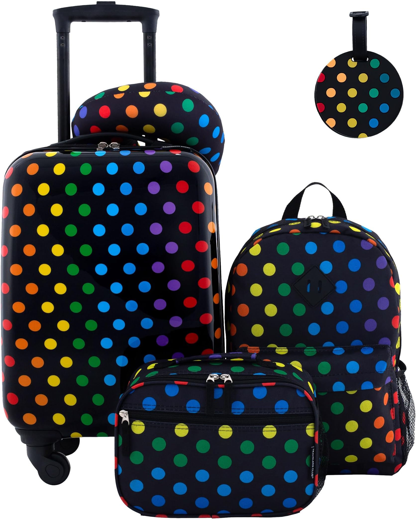 Travelers Club Kids' 5 Piece Luggage Set, Black Polkadot, 5-Piece Set, 5 Piece Kids' Luggage Set