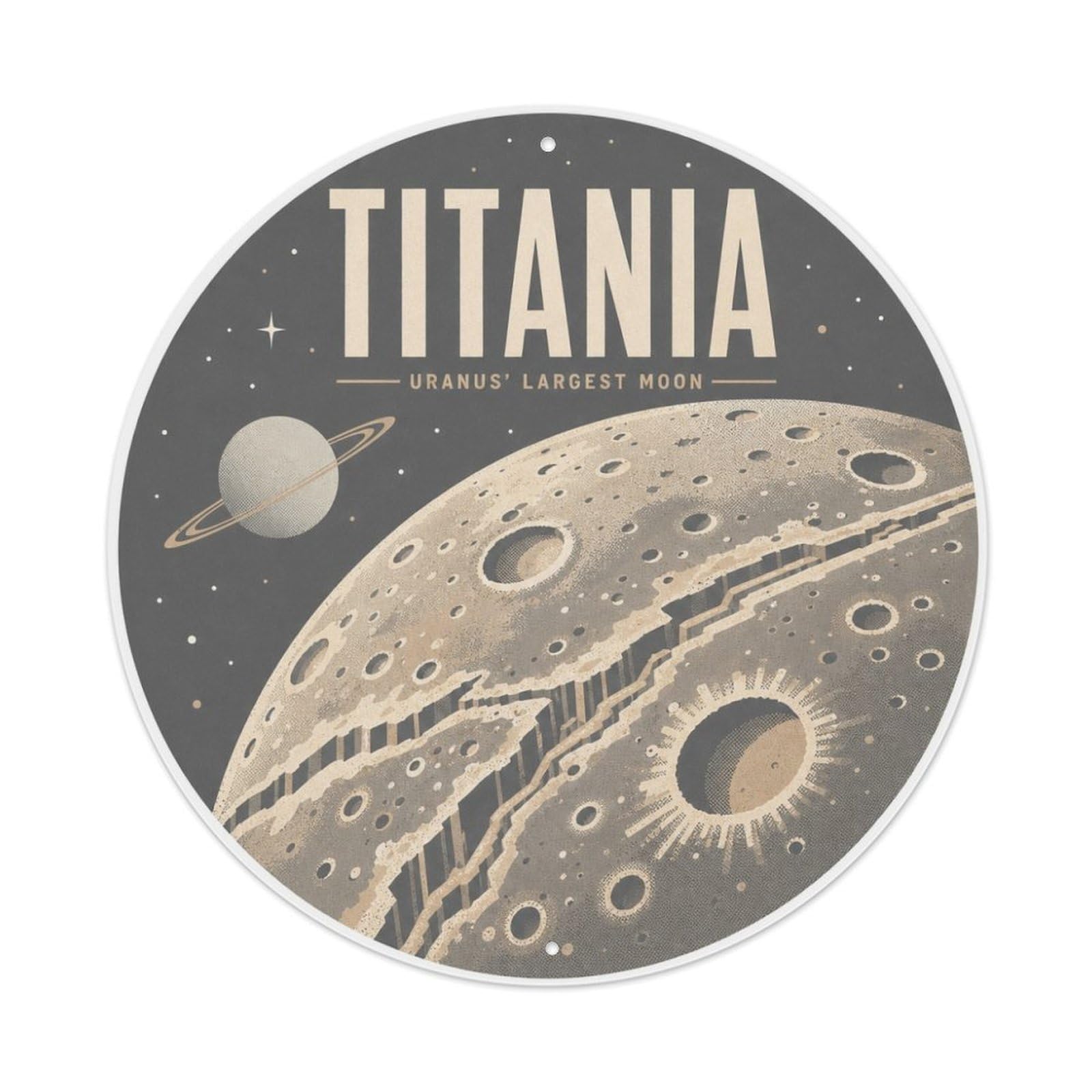Cosmic Orbit Titania Uranus Moon Astral Retro Sci Fi Metal Tin Sign Plaque Wall Decor for Cafe, Man Cave, Club Bar, Office, Home Garden Round Metal Poster 8x8Inch