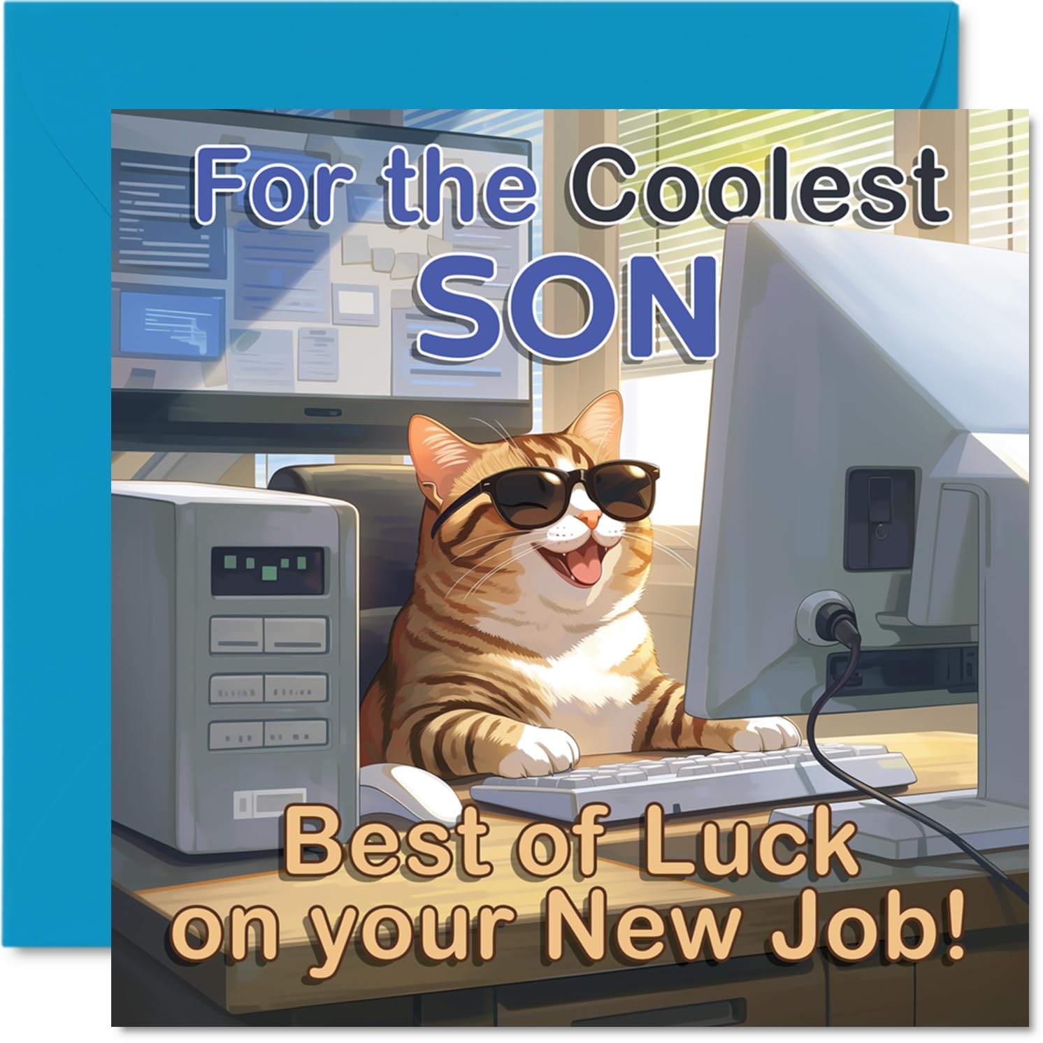 Supportive New Job Card for Son - Cheeky Feline at the Computer - Sunglasses-wearing Cat Design with Vibrant Blue and Orange - 145mm Square, Envelope Included
