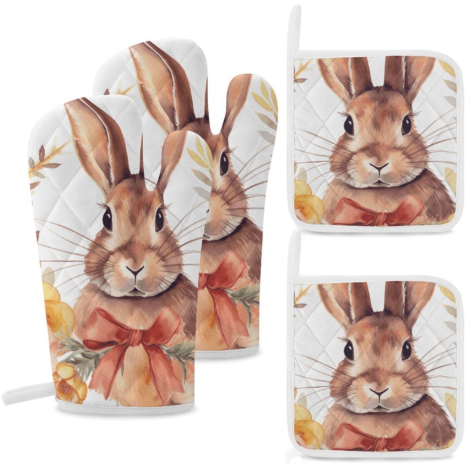 Bunny Rosette Oven Mitts and Pot Holders Sets Heat Resistant Oven Glove with Hanging Loop for Baking Cooking BBQ Thicken Potholders for Kitchen