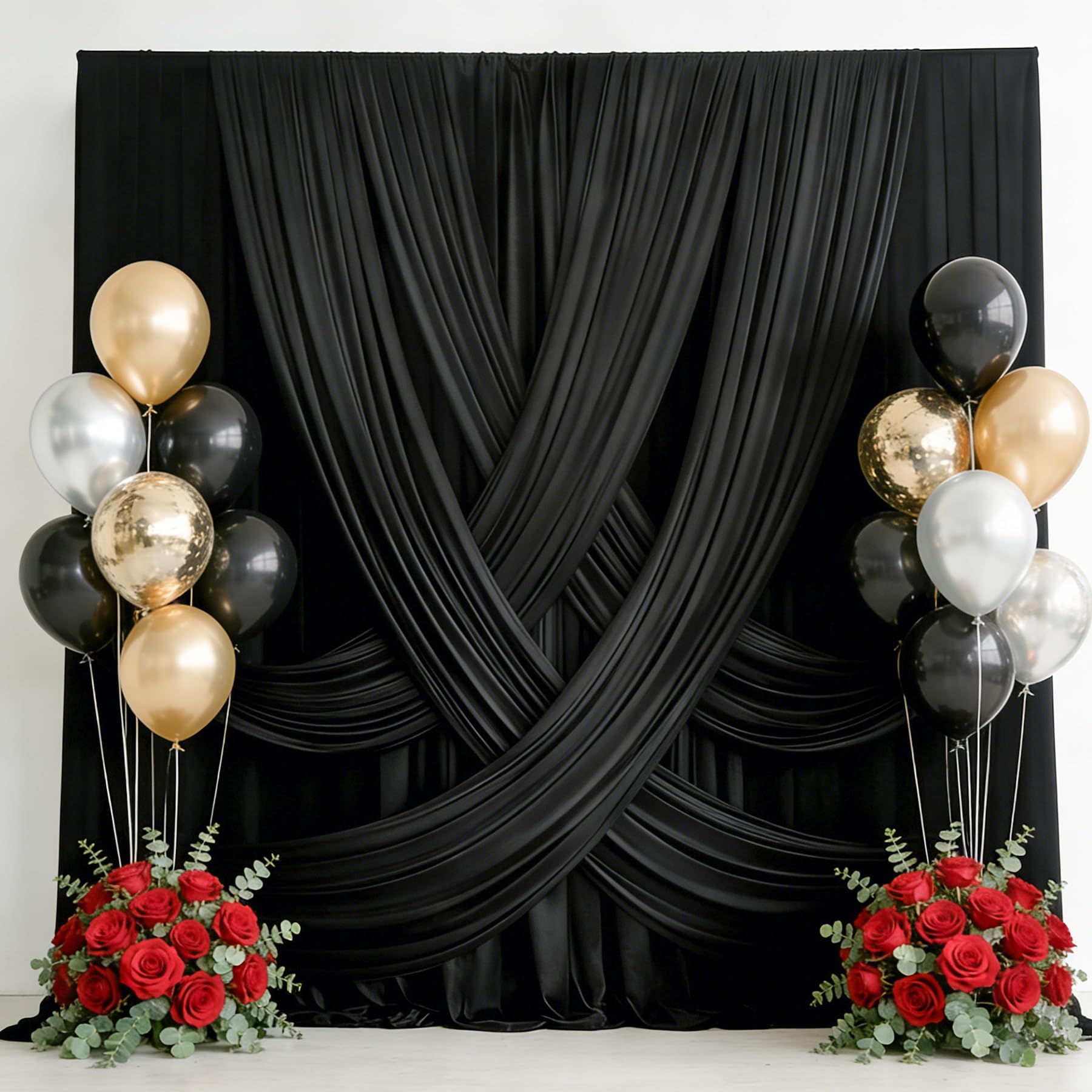 10x12 ft Wrinkle Free Black Backdrop Curtain for Wedding Parties, 2 Panels Silky Polyester Photo Backdrop Drapes 12 ft Long Back Drop Cloth for