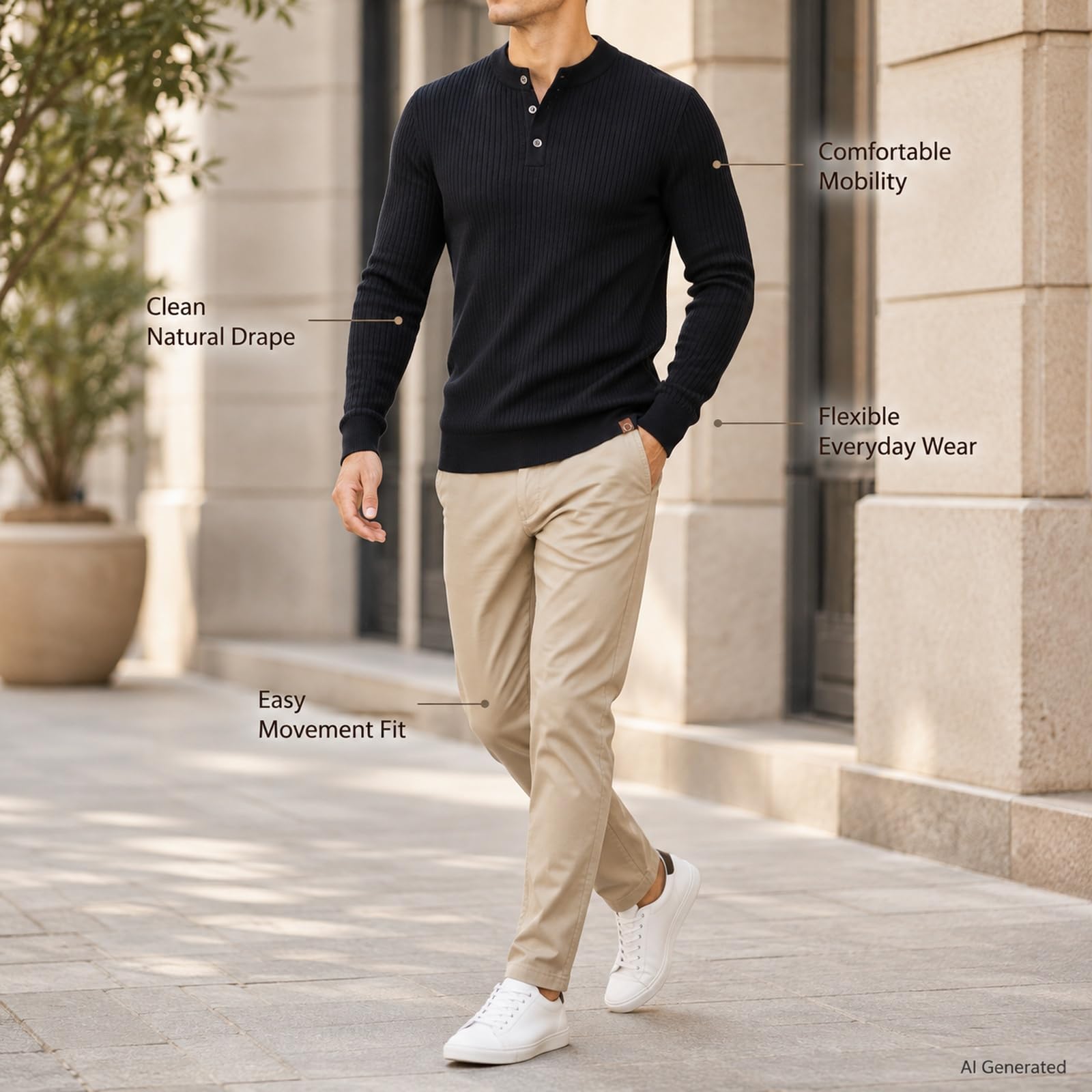 Męska koszulka Henley z długim rękawem Slim Fit Stretch Ribbed Pullover