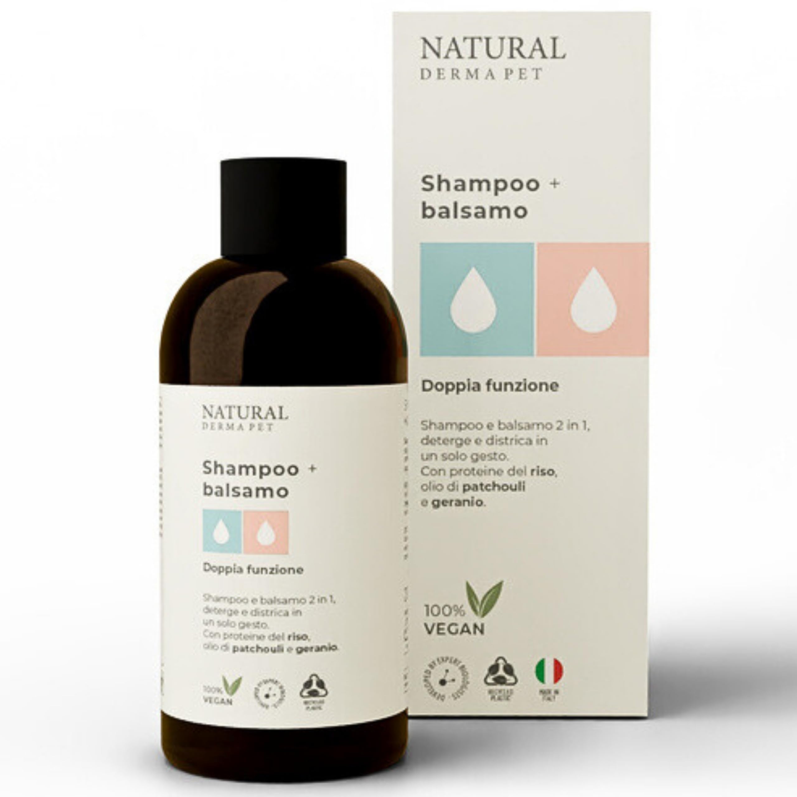 Natural Derma Pet Shampoo e Balsamo per Cani 2 in 1 – Deterge e Districa in modo Facile e Veloce, per un Pelo Pulito, Morbido e Profumato – 200 ml – Made in Italy - 100% Vegan