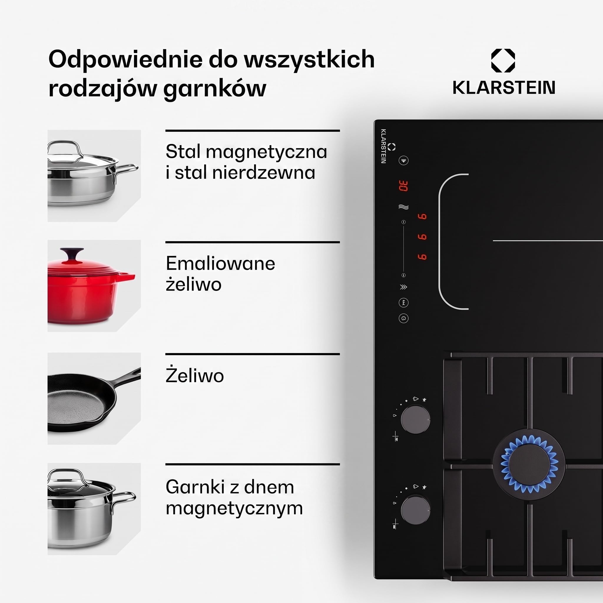 Klarstein MultiChef 4 Płyta indukcyjna z płytą gazową - 4-strefowa Flexzone, 2 palniki gazowe i 2 indukcyjne, 7 kW, suwak, Stop&Go, Timer, żeliwo, Czarny