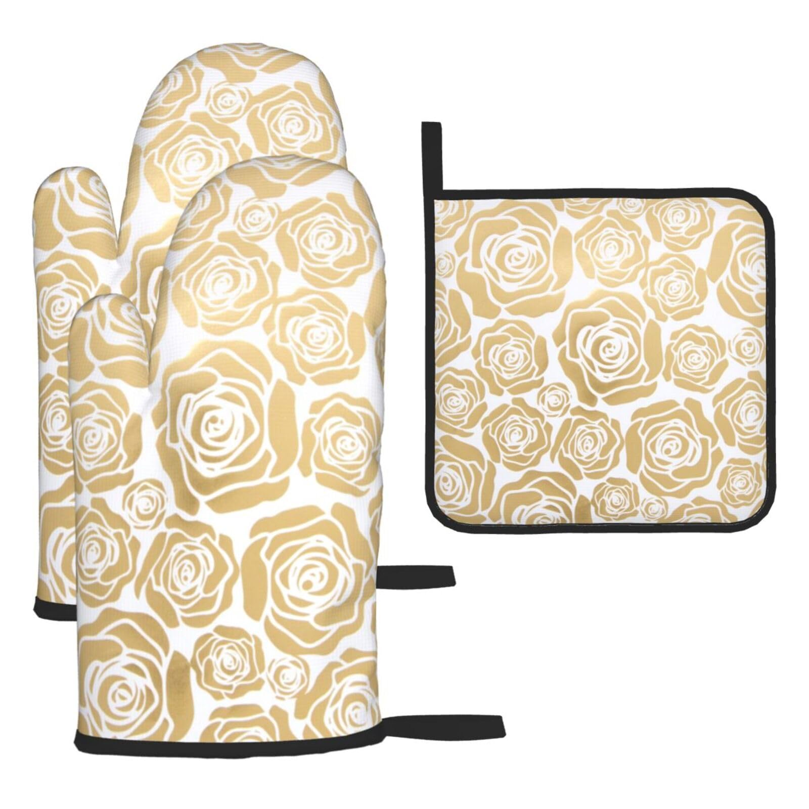 Many Golden Flowers Print Oven Set Kitchen Gloves Baking Grilling Microwaving Cooking Gift Everyday Holiday