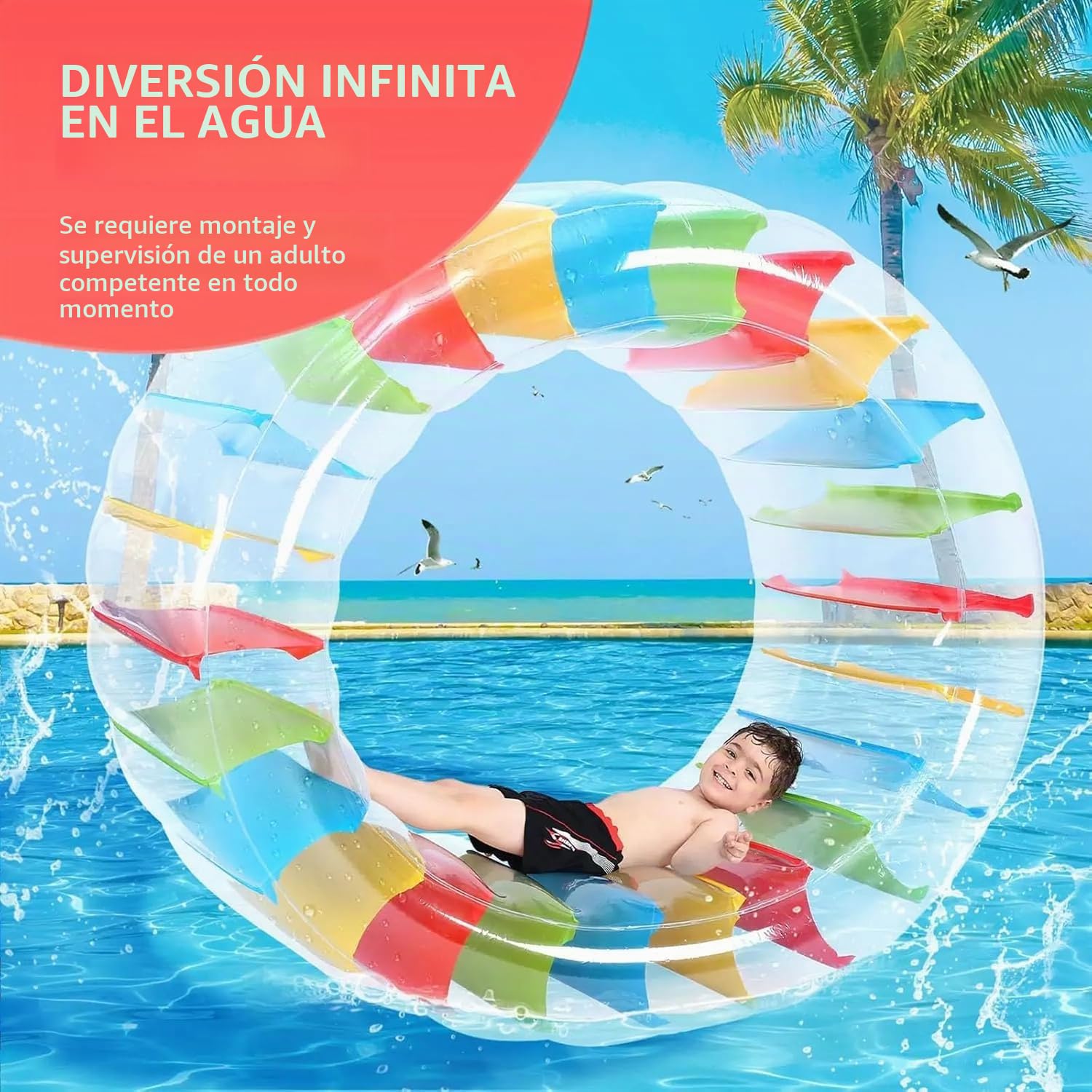 Rueda de Agua Hinchable de 120 cm (47 Pulgadas) – Flotador rodante Redondo para Piscina y Lago, Juguete acuático de Equilibrio niños y Adultos, Juguete de Verano para Piscina y Playa