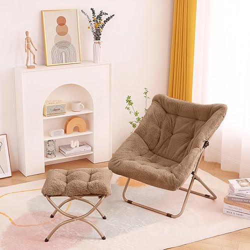 Miniatura 7 de Tiita Silla platillo con otomana, silla plegable de gran tamaño de piel sintética suave, silla perezosa, silla de luna con marco de metal para