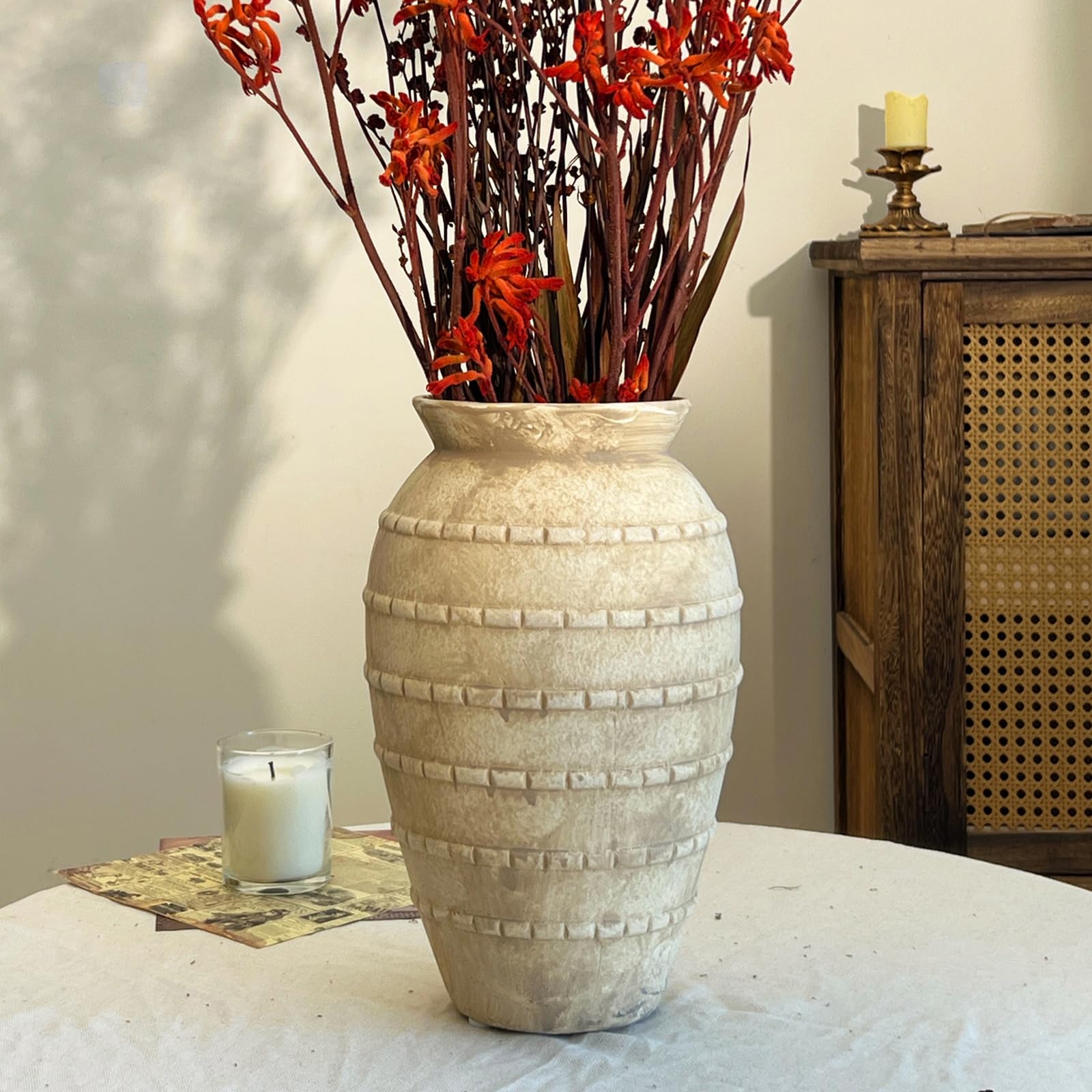 Photo 1 of 12 Inch Ceramic Vase Farmhouse Decor, Beige Rustic Vase for Living Room & Kitchen Decor, Handmade Pottery Flower Vases for Table Centerpieces & Rustic Mantel, Wedding Décor