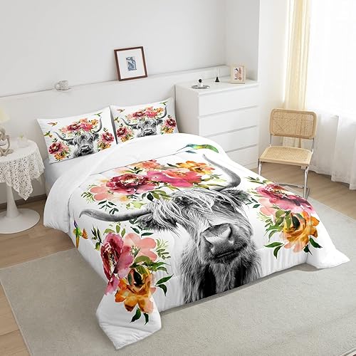 Miniatura 3 de Erosebridal Highland Cow - Juego de edredón floral de tamaño matrimonial, juego de ropa de cama de flor de ganado toro, vida silvestre, granja,