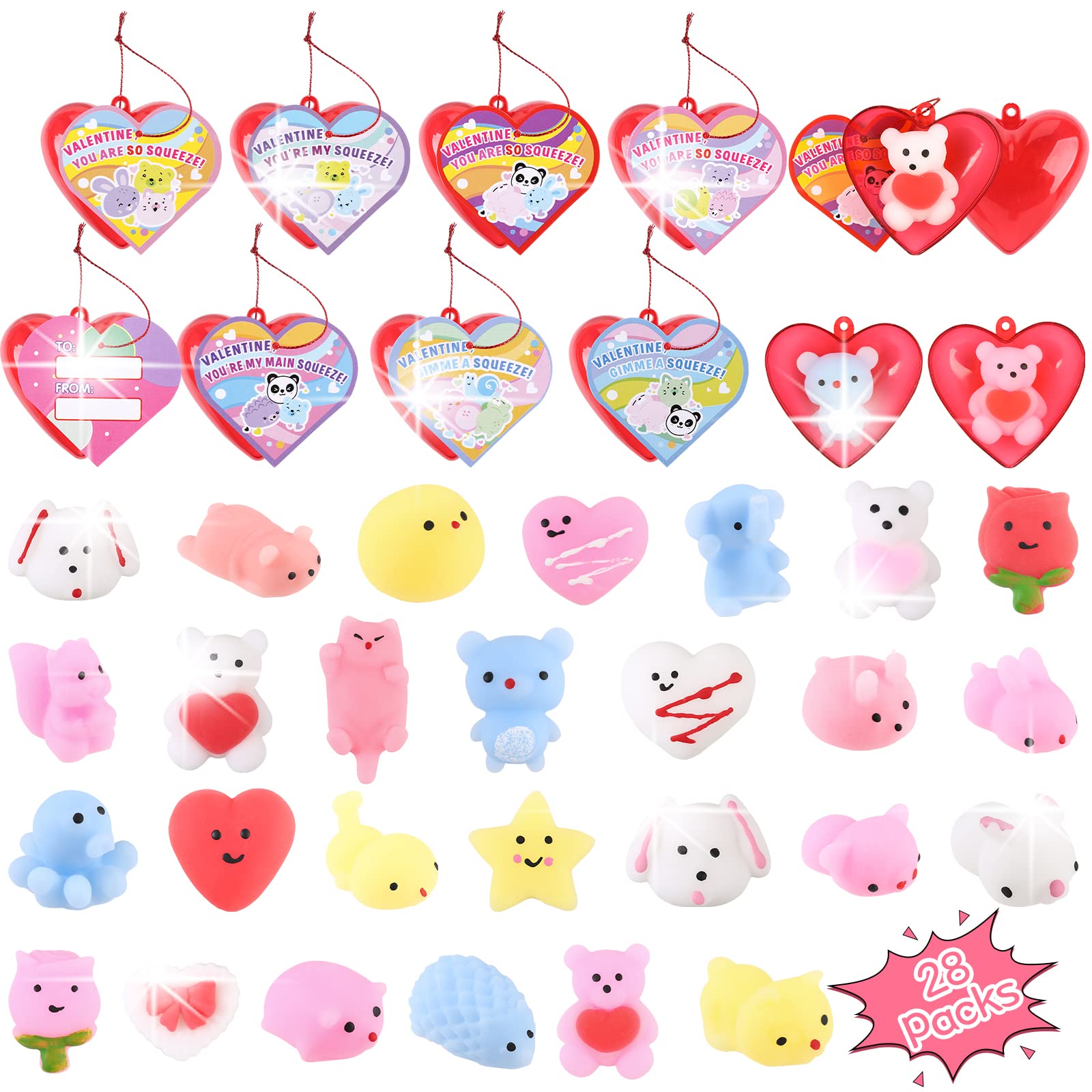 28 Pack Valentines Day Gifts for Kids, Valentine Mochi Squishy Toys Filled  Hearts with Valentine Cards for Kids School Classroom Exchange Prizes