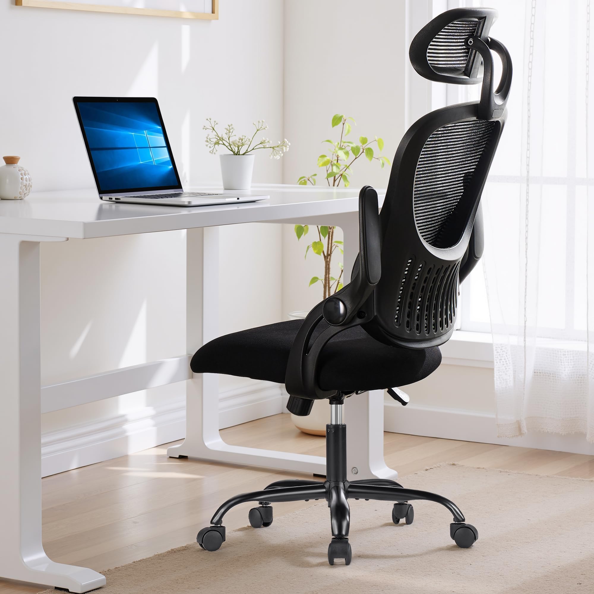 Ergonomic Office Chair, High-Back Computer Desk Mesh Swivel Task Chairs with Flip-up Armrest Adjustable Headrests, Comfortable Lumbar Support Rolling