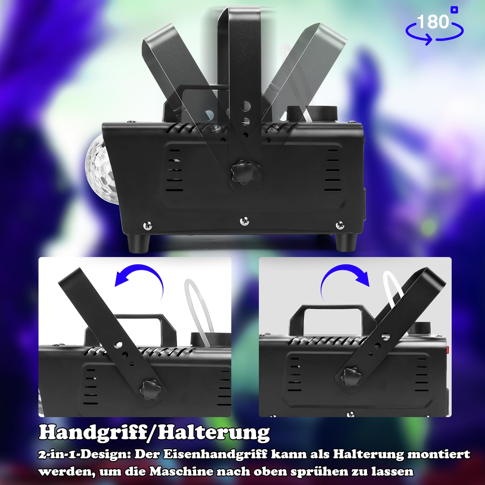 800W Máquina de humo con bola de discoteca LED RGB controlada por música, 4 luces LED RGB, mini máquina de humo con mando a distancia inalámbrico para DJ, discoteca, Halloween, bodas