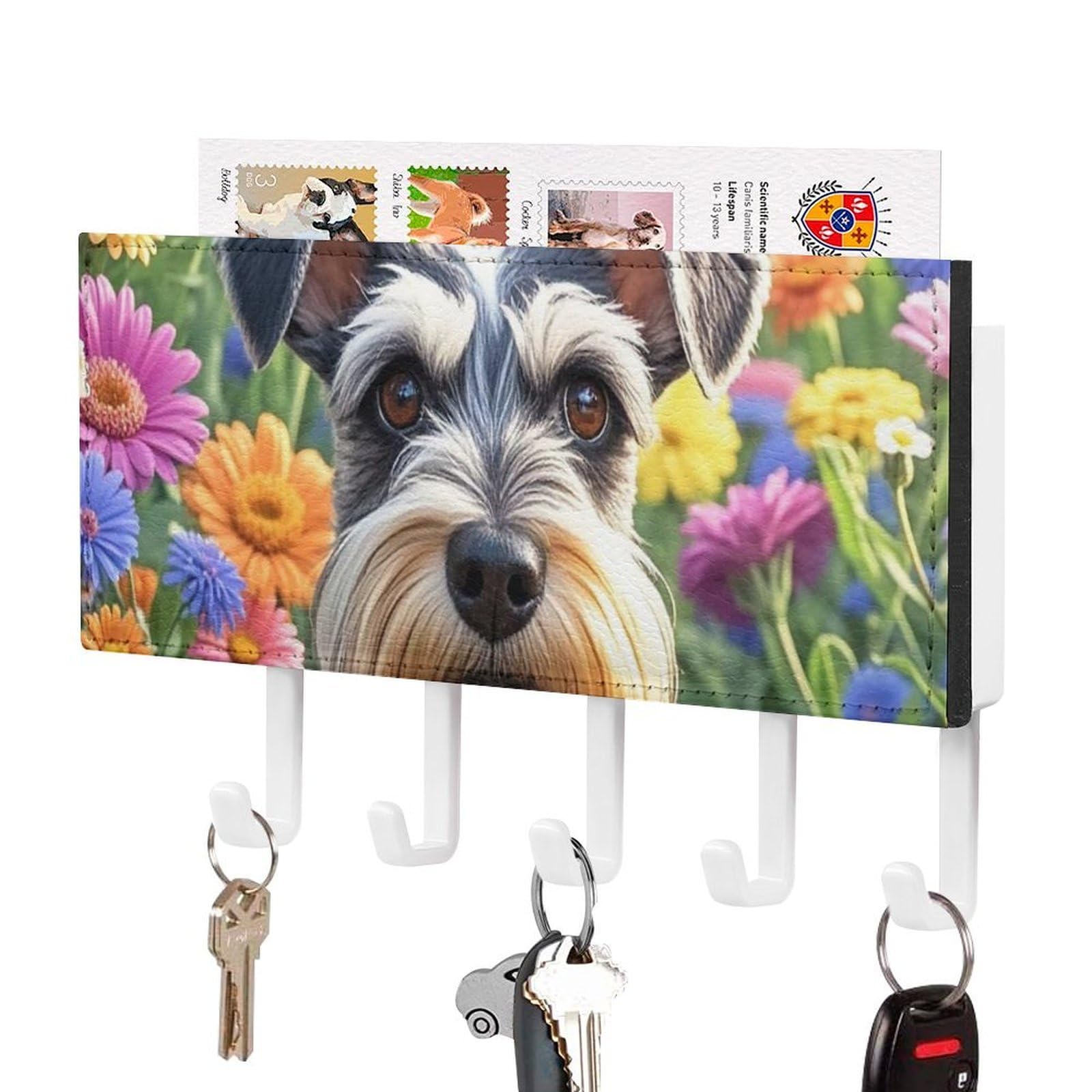 FekiLoot Schnauzer Key Holder Wall Mount Key Hanger with 5 Hooks Decorative Key Rack Hanging Key Hooks with Mail Organizer Key Holder for Wall Living Room Kitchen Bathroom Hallway White
