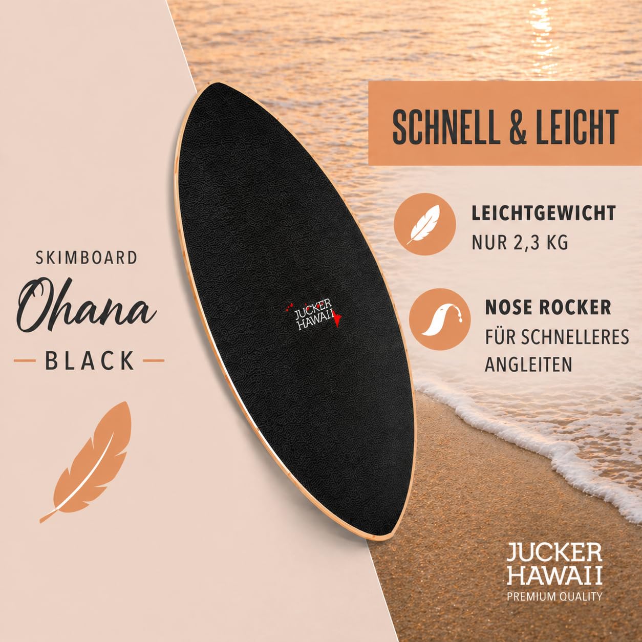 JUCKER HAWAII Skimboard Ohana Black | Skimboard mit vollflächigem Anti-Rutsch-Belag für optimalen Halt | Premium Skimboard für Anfänger und Profis | Perfekt für Strandabenteuer und Tricks