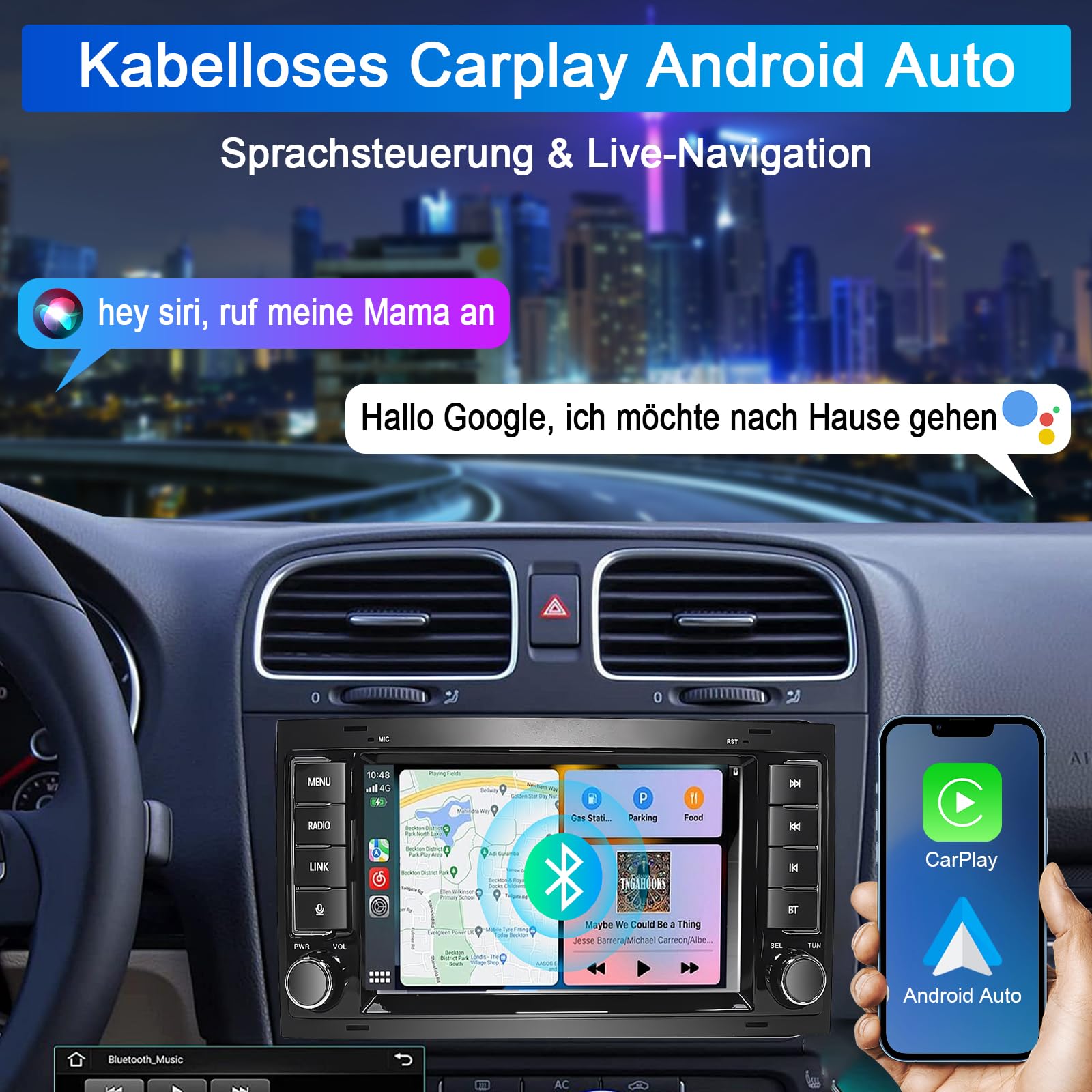 Autoradio für VW Touareg 2004-2011 Transporter T5 Multivan 2004-2009 Kompatibel Wireless Apple Carplay & Android Auto, 7 Zoll Radio mit Touchscreen/Bluetooth/FM/AM/USB/DSP/RDS/Mirror Link