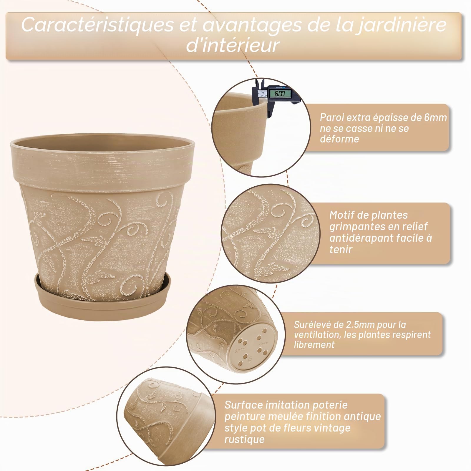 ZMTECH 20 cm Pots avec Soucoupes et Trous de Drainage, Pot de Plante Plastique Aspect Terre Cuite, Pot de Fleur Moyen avec Plateau pour Plantes d'Intérieur Extérieur (Brun Clair, Lot de 2)