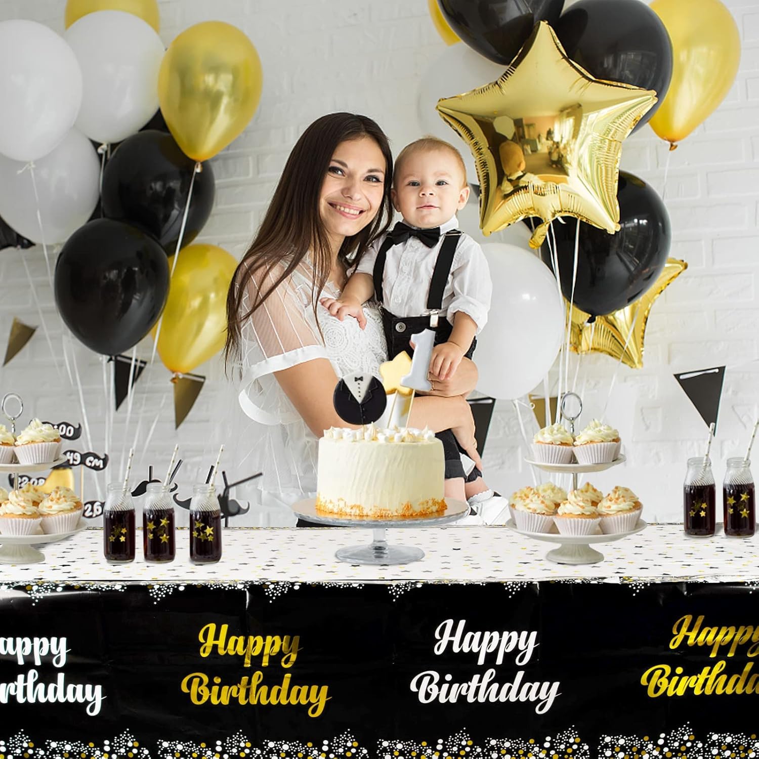 Amfin 54 x 72 Inch Happy Birthday Printed Metallic Foil Disposable Table Cover, Tablecloth for Party, Birthday Decoration. Waterproof, Shiny Finish - Black [Pack of 1] - Image 2 thumbnail