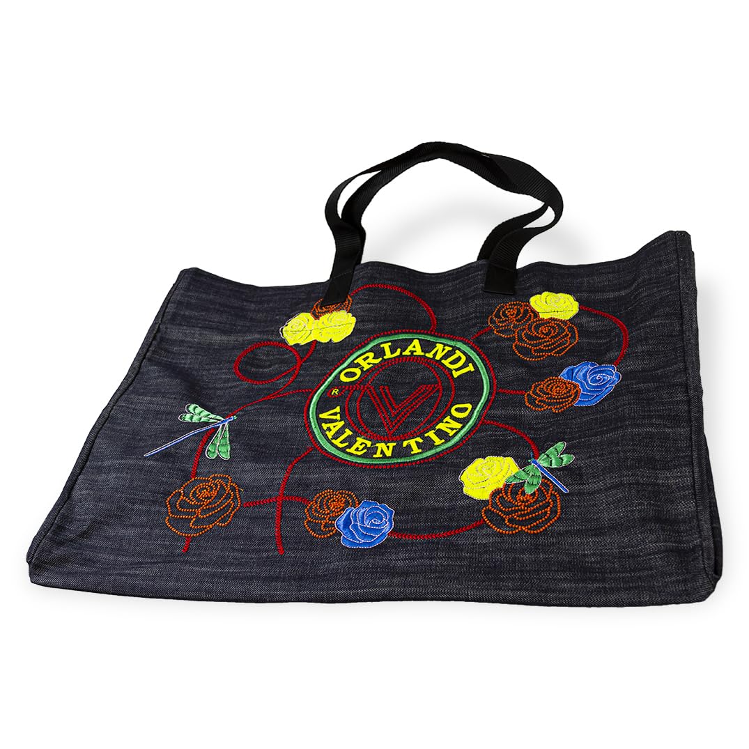 Valentino Orlandi Handbags Purses for Women Embroidered Denim Carryall Tote Purse Italian Designer Large Shoulder Bag