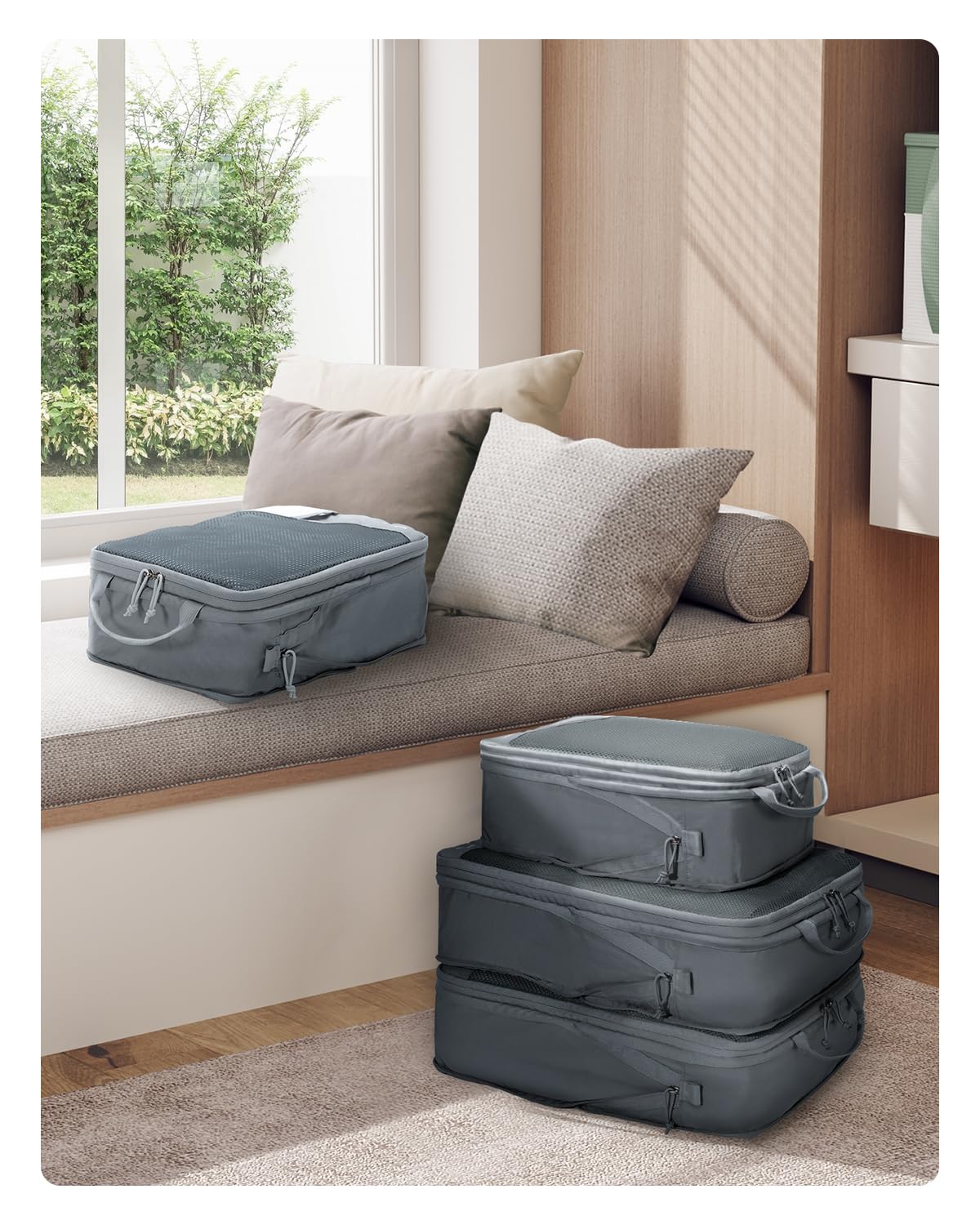 ECOHUB Compresión Organizadores para Maletas, 4 Piezas Bolsas de Viaje Recicladas para Mochila con Etiqueta, Organizador Resistente a Desgarros para Equipaje de Mano,Gris