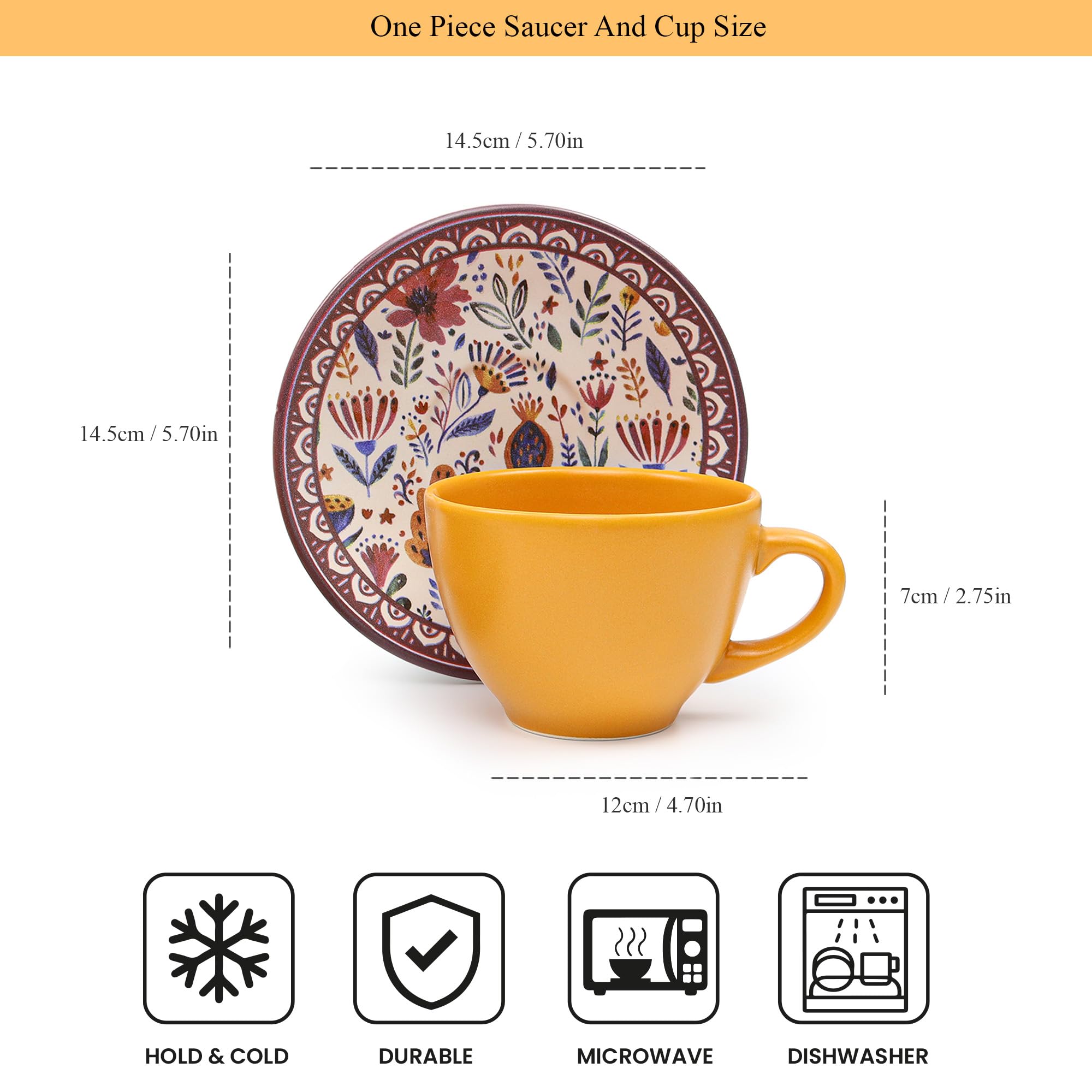 Trendmiya 6-Piece Tea and Coffee Cup Set - Stylish and Durable Cup Set | Orange