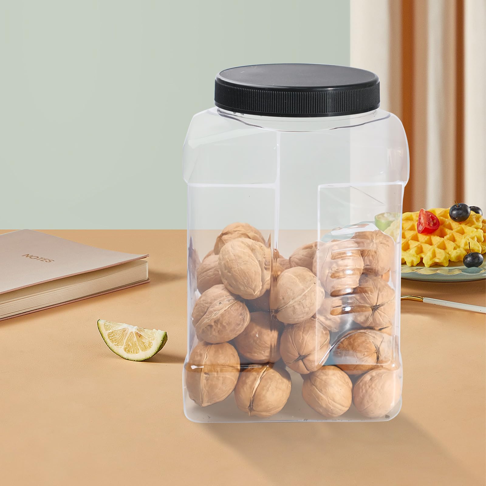 6 barattoli in plastica trasparente con coperchio, apertura larga, quadrati, con tappo a vite, contenitori vuoti in plastica PET, per caramelle, biscotti, cucina e alimenti (coperchio nero)