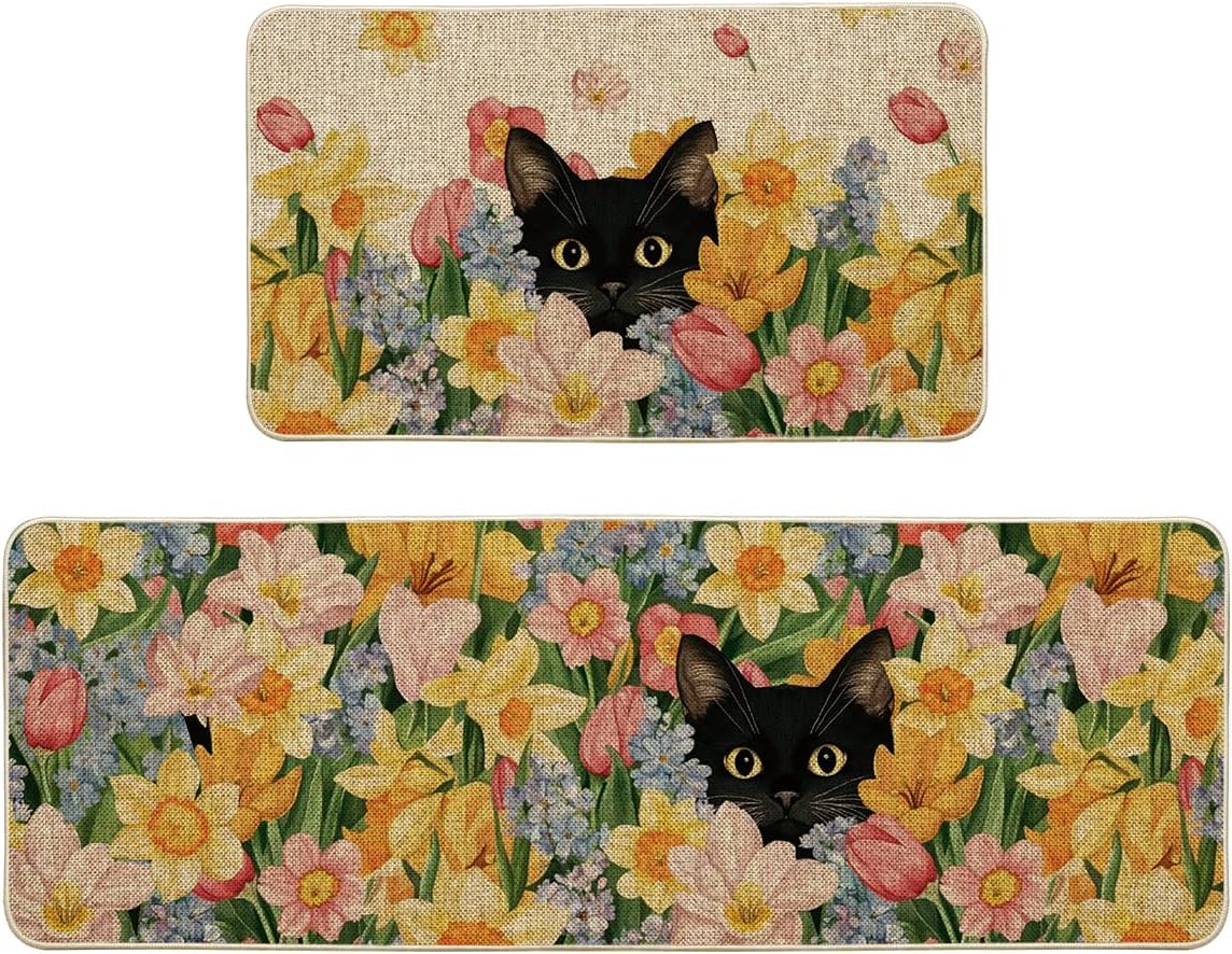 Artoid Mode Black Cat Floral Spring Kitchen Mats Set of 2 - Non-Slip Low-Profile Rugs 17x29 & 17x47 Inch Home Decor