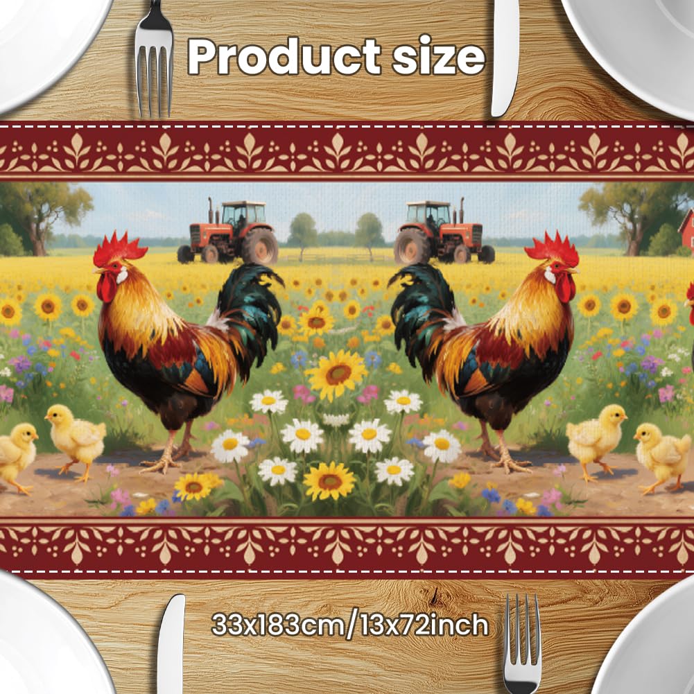 ANATTASOUL Spring Table Runner Rooster and Sunflower 13"x72" Table Decorations, Durable Summer Dining Decor for Home Kitchen Party Room - Image 3